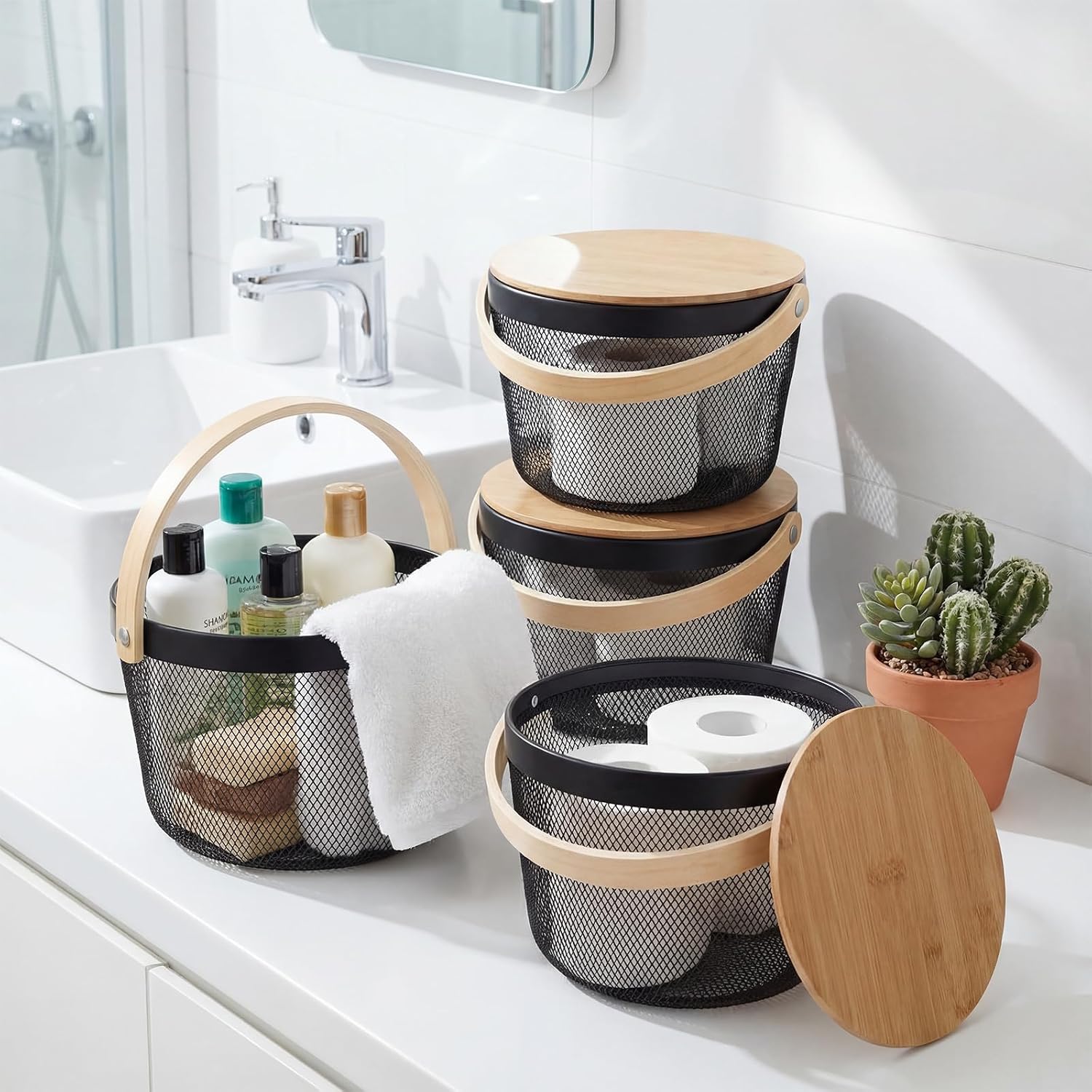 4 Pack Black Mesh Fruit Baskets with Bamboo Lids, Multi-use Kitchen Picnic Storage Organizer