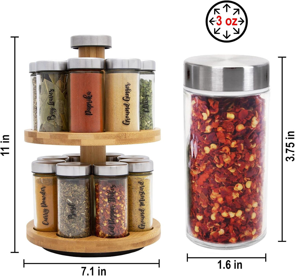 Orii 16 Jar Spice Rack with Spices Included & 5-Year Free Spice Refill Program - Rotating Countertop 2 Tier Tower Organizer for Kitchen Spices and Seasonings, (Bamboo Wood)