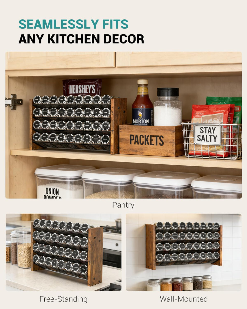 NESAPTO Spice Rack Organizer for Cabinet, Wood 4-Tier Vertical Seasoning Organizer, Wall Mount or Countertop Spice Shelf, Holds 36 Jars (No Jars Included), 17.2" W x 10.3" H