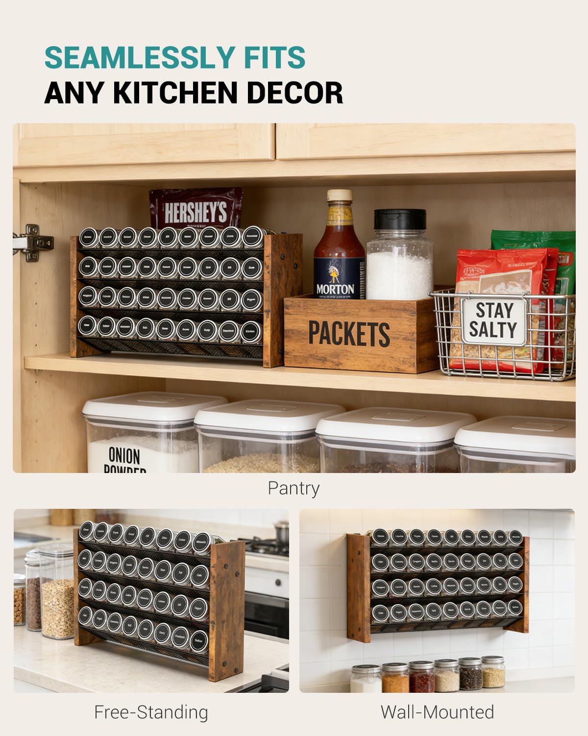 NESAPTO Spice Rack Organizer for Cabinet, Wood 4-Tier Vertical Seasoning Organizer, Wall Mount or Countertop Spice Shelf, Holds 36 Jars (No Jars Included), 17.2" W x 10.3" H