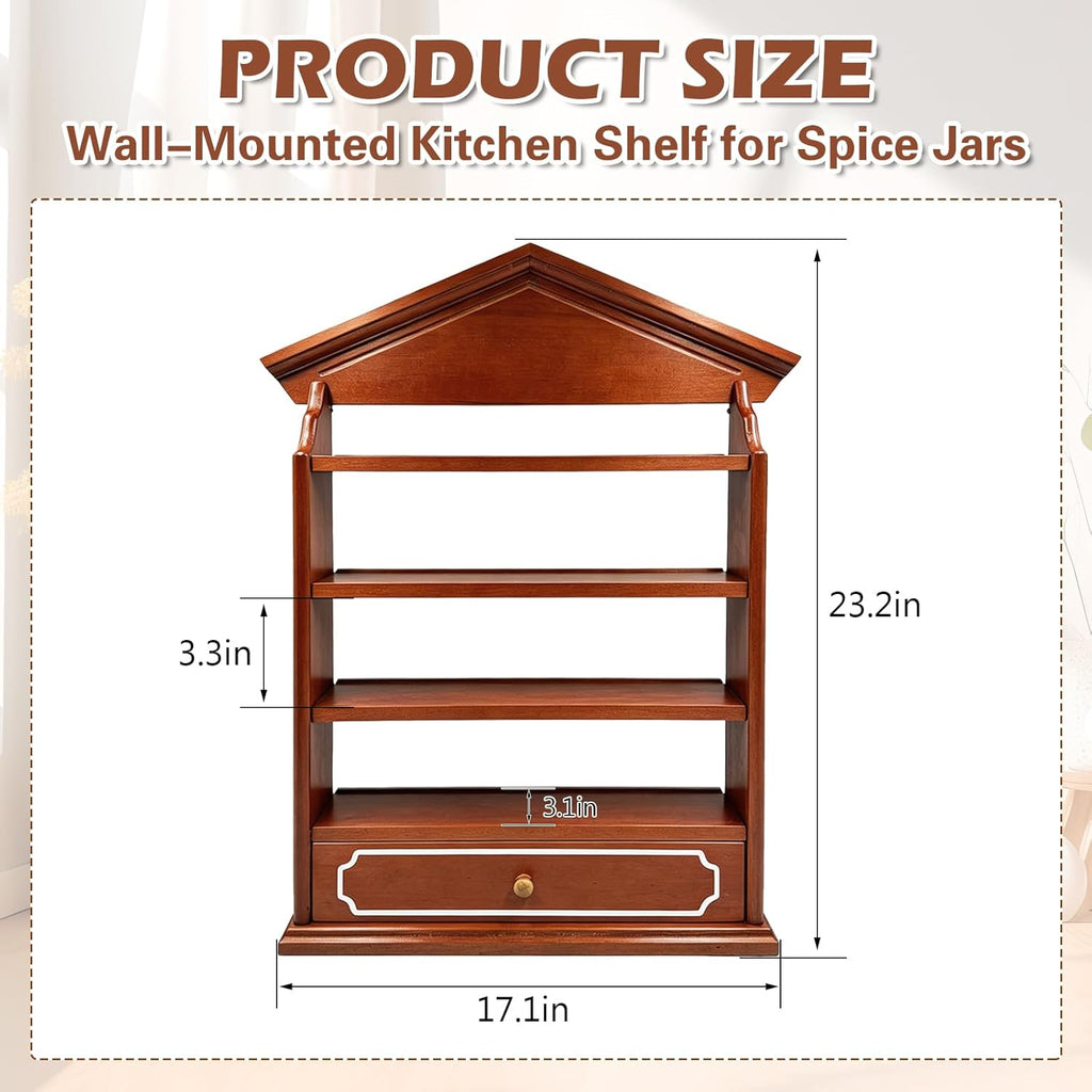 Vintage Wooden Spice Rack with Drawer and 4 Shelves, Wall Mounted Spice Village Display Shelf for Kitchen Storage, Holds 24 Jars, 22 x 17 x 4 Inches, Rack Only
