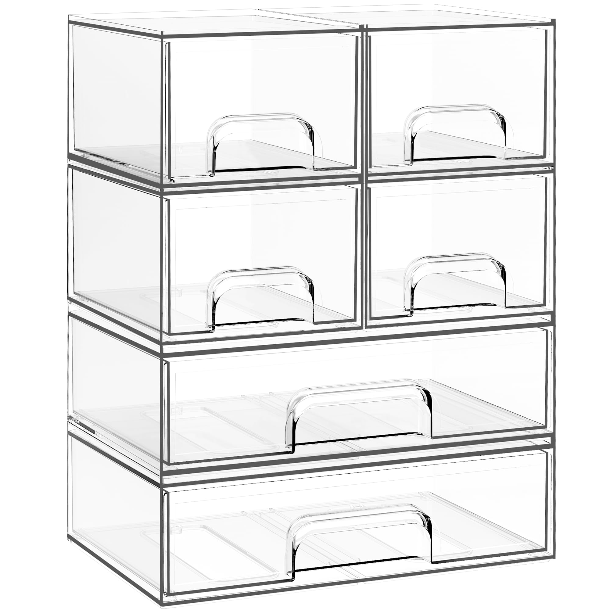Criusia Stackable Storage Drawers, 6 Pack Clear Plastic Makeup & Bathroom Organizer, Versatile Storage Bins for Vanity, Under Sink, Kitchen Cabinets & Pantry