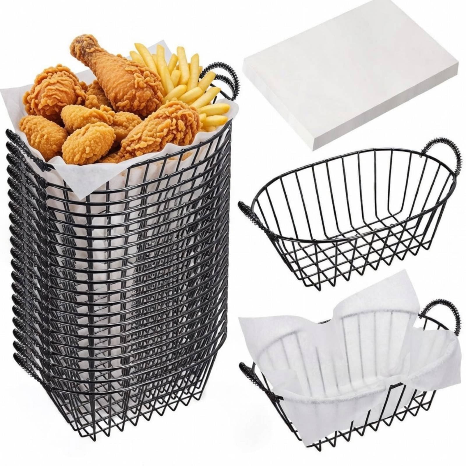 24 Pack Metal Wire Fast Food Baskets with 100 Food Blotting Sheets 7.3 x 4.6 x 3.4 Inch Oval Serving Baskets for Fries, Chicken, Sandwiches, Bread, and Snacks(Gold and White)