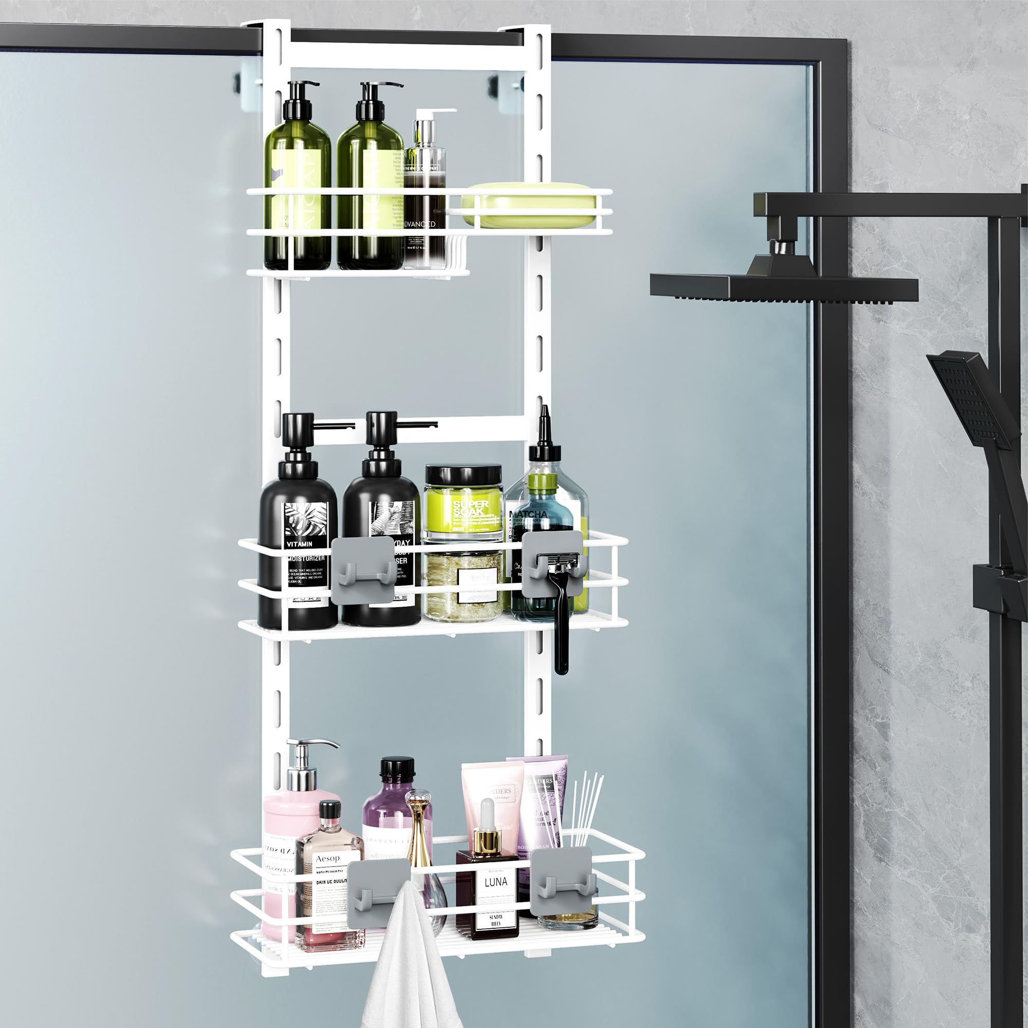 Orimade Over the Door Shower Caddy Adjustable 5 Tier Black,Bathroom Hanging Organizer Shelf Rustproof with 4 Hooks,Shower Basket with Soap Holder and Suction Cup