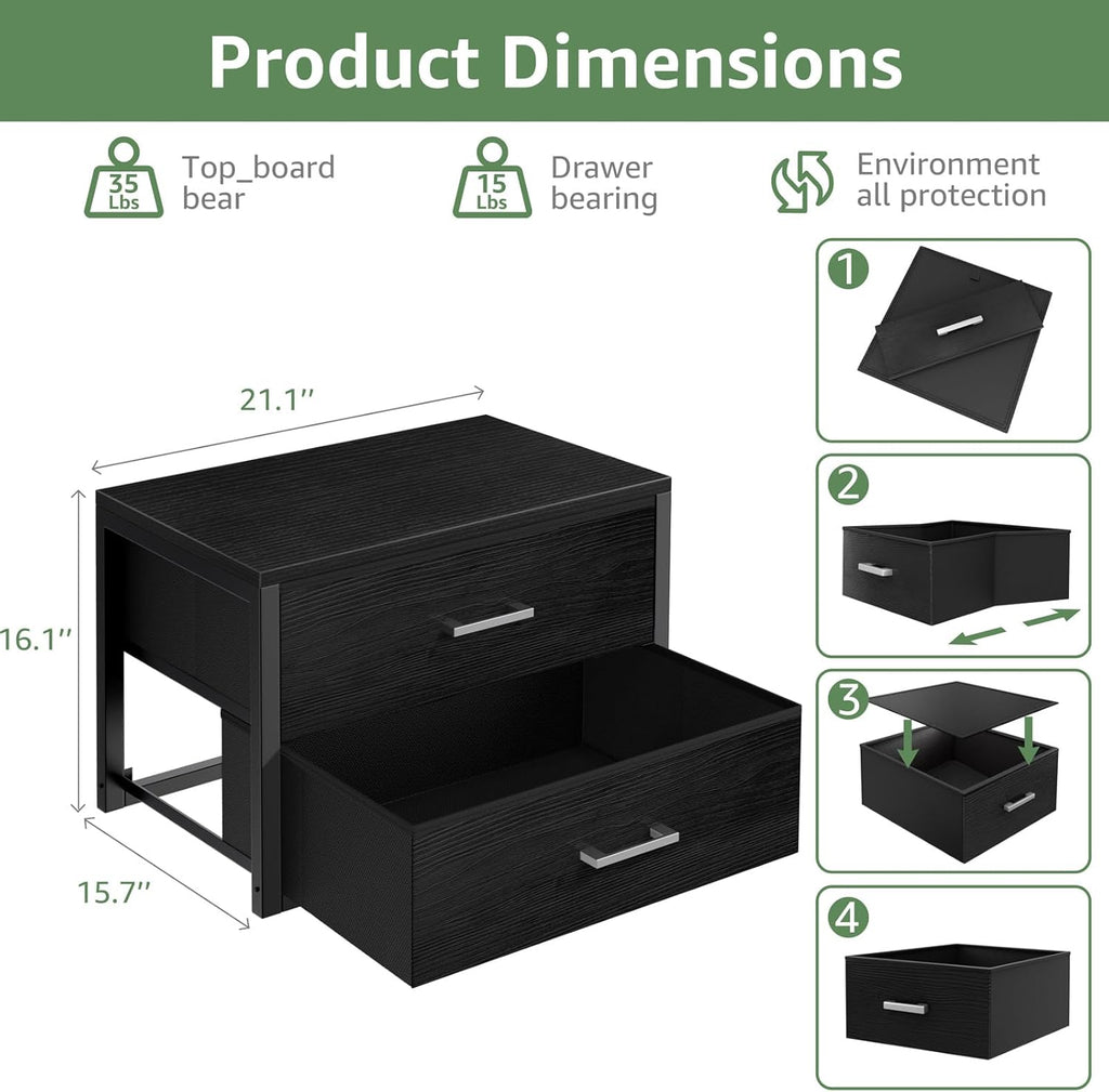 BOLUO Stackable Storage Drawers Closet Organizers and Storage Fabric 2 Drawer Dresser for Bedroom Set of 2 Black Modern