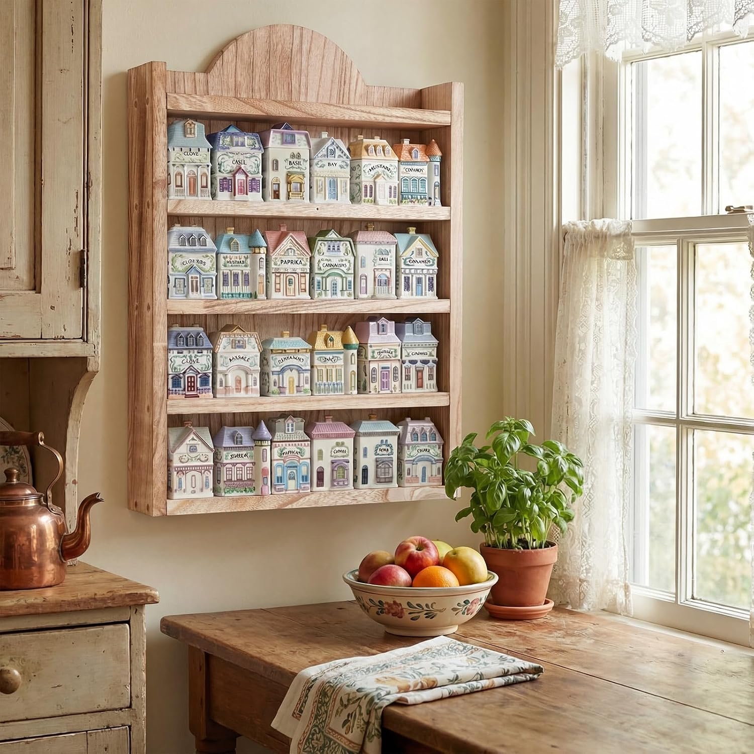 Chunful Spice Jar Wooden Rack Light Oak Farmhouse Spice Shelf for 24 Jars, Village Style Wall Mounting Kitchen Storage Decorative Hanging Display Rack, Shelf Only(20 x 14 Inches)