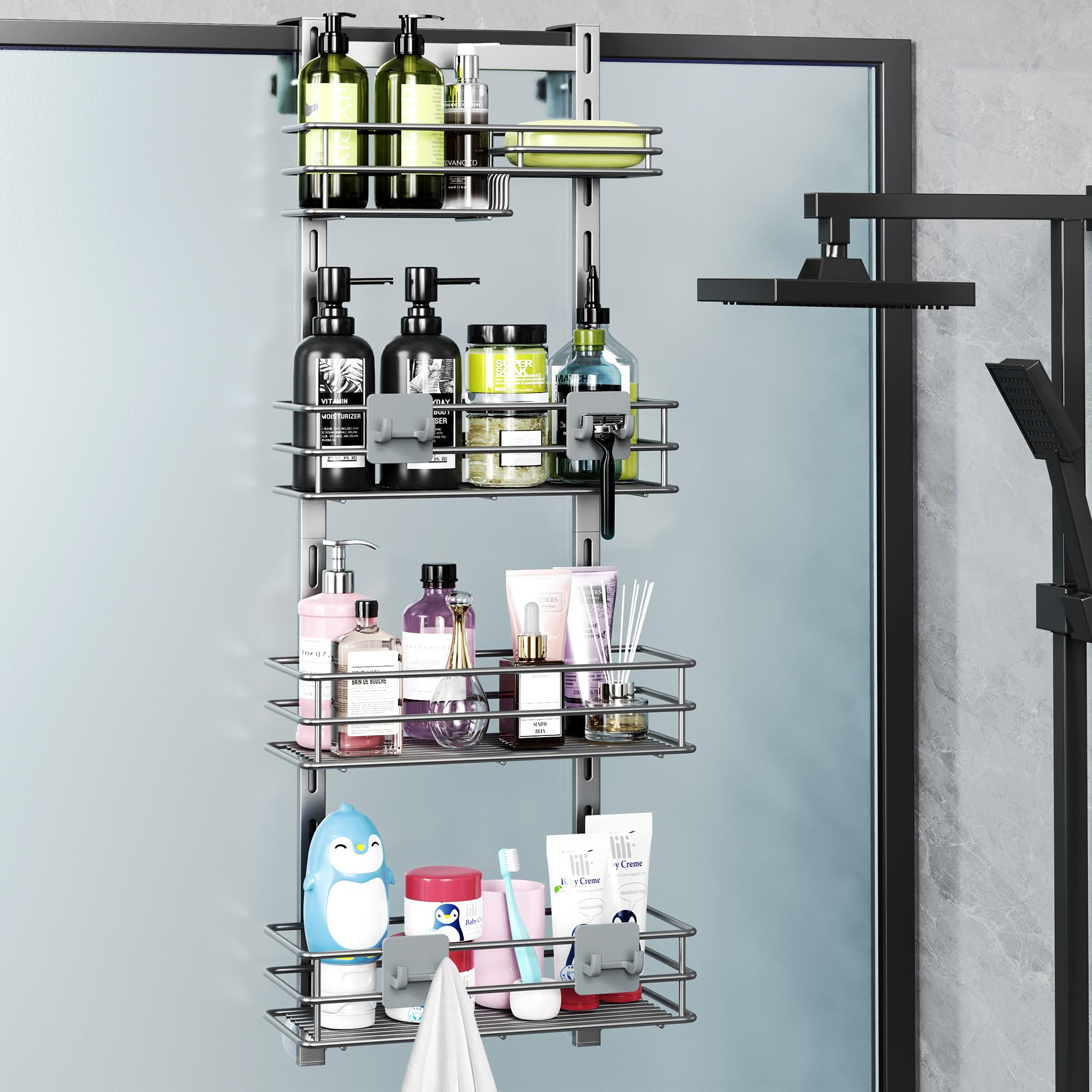 Orimade Over the Door Shower Caddy Adjustable 5 Tier Black,Bathroom Hanging Organizer Shelf Rustproof with 4 Hooks,Shower Basket with Soap Holder and Suction Cup