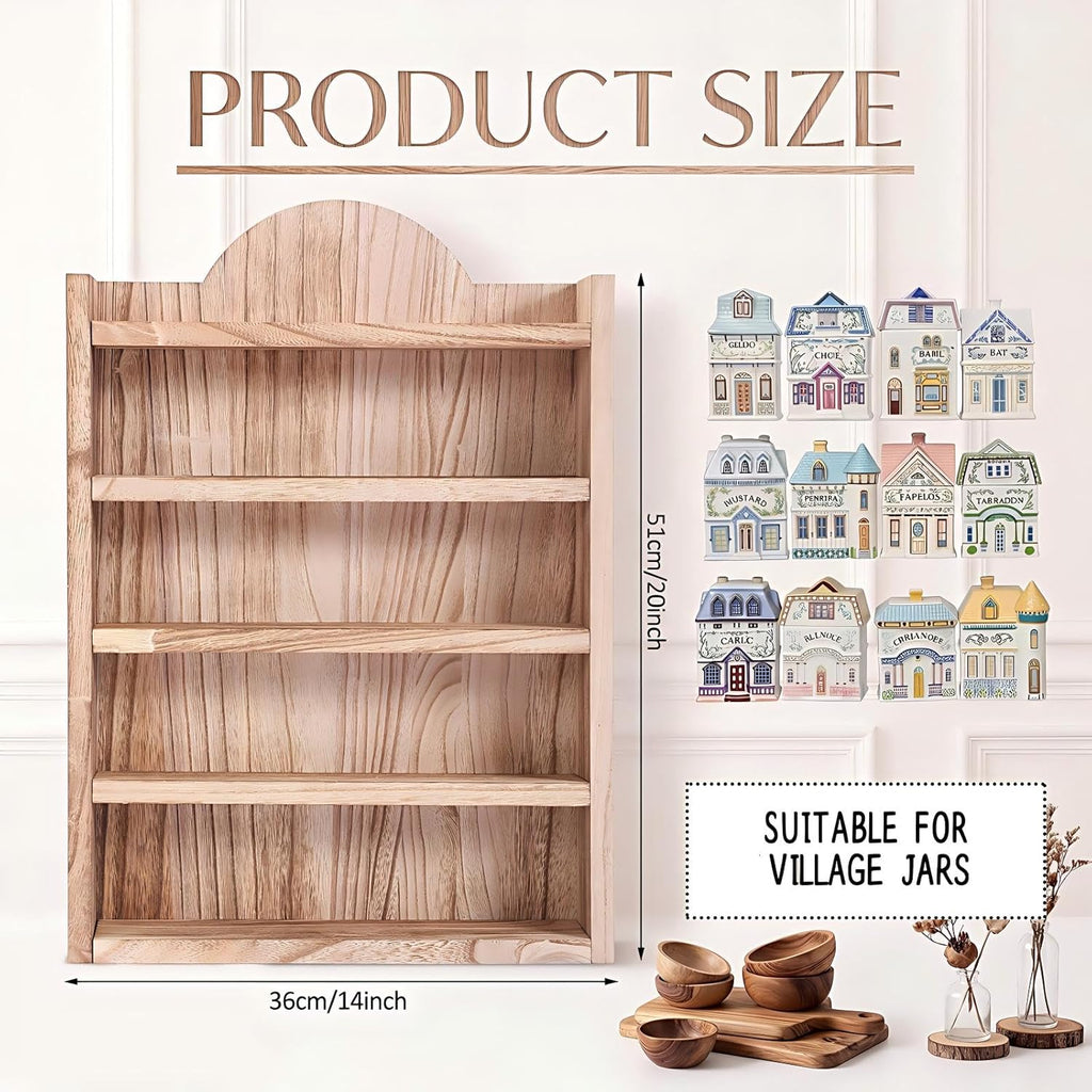 Chunful Spice Jar Wooden Rack Light Oak Farmhouse Spice Shelf for 24 Jars, Village Style Wall Mounting Kitchen Storage Decorative Hanging Display Rack, Shelf Only(20 x 14 Inches)