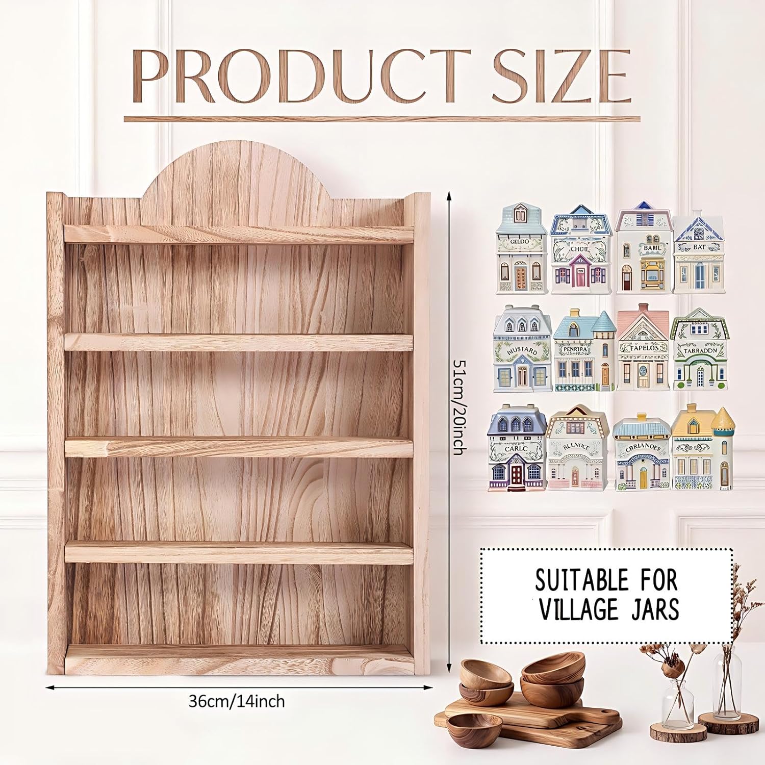 Chunful Spice Jar Wooden Rack Light Oak Farmhouse Spice Shelf for 24 Jars, Village Style Wall Mounting Kitchen Storage Decorative Hanging Display Rack, Shelf Only(20 x 14 Inches)
