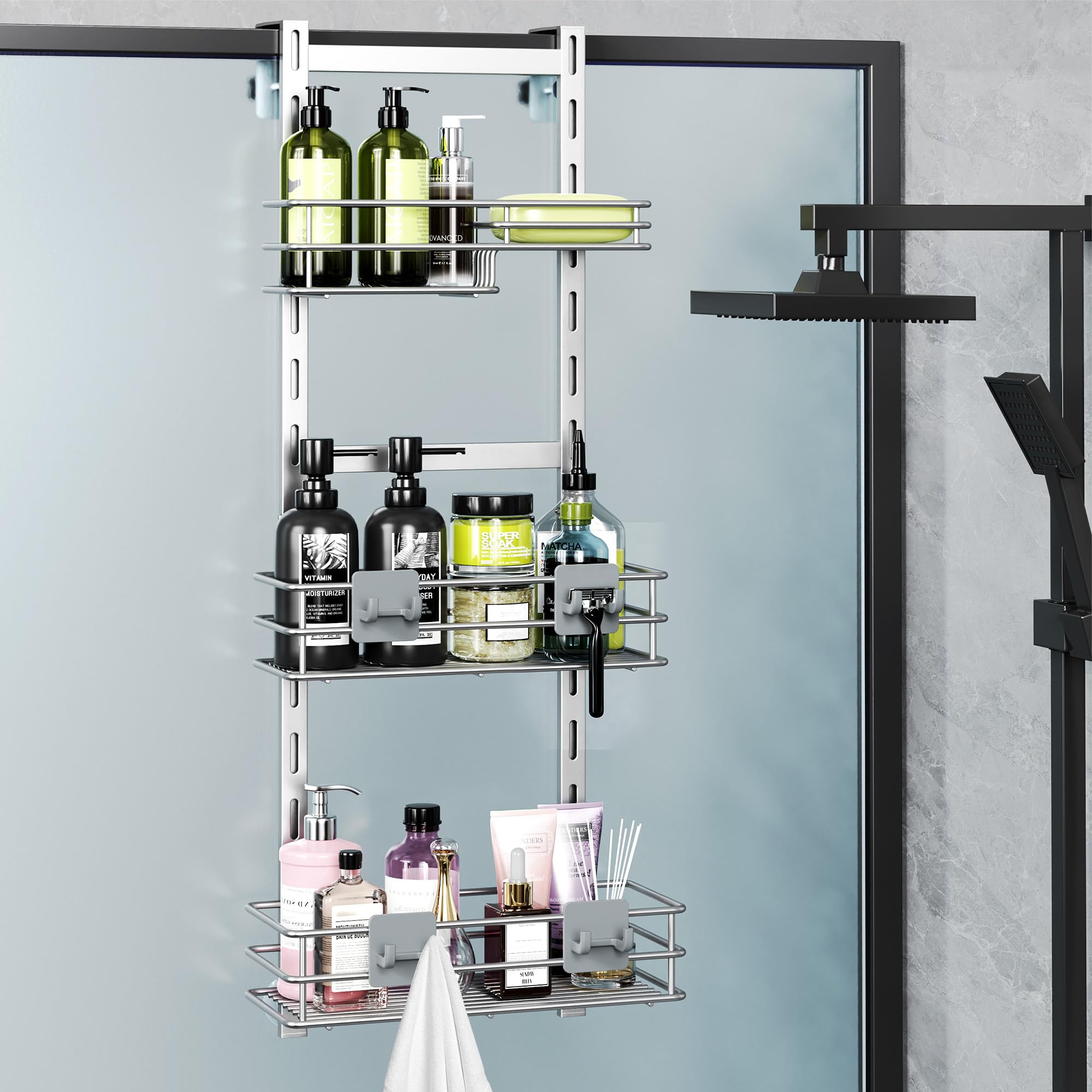 Orimade Over the Door Shower Caddy Adjustable 5 Tier Black,Bathroom Hanging Organizer Shelf Rustproof with 4 Hooks,Shower Basket with Soap Holder and Suction Cup