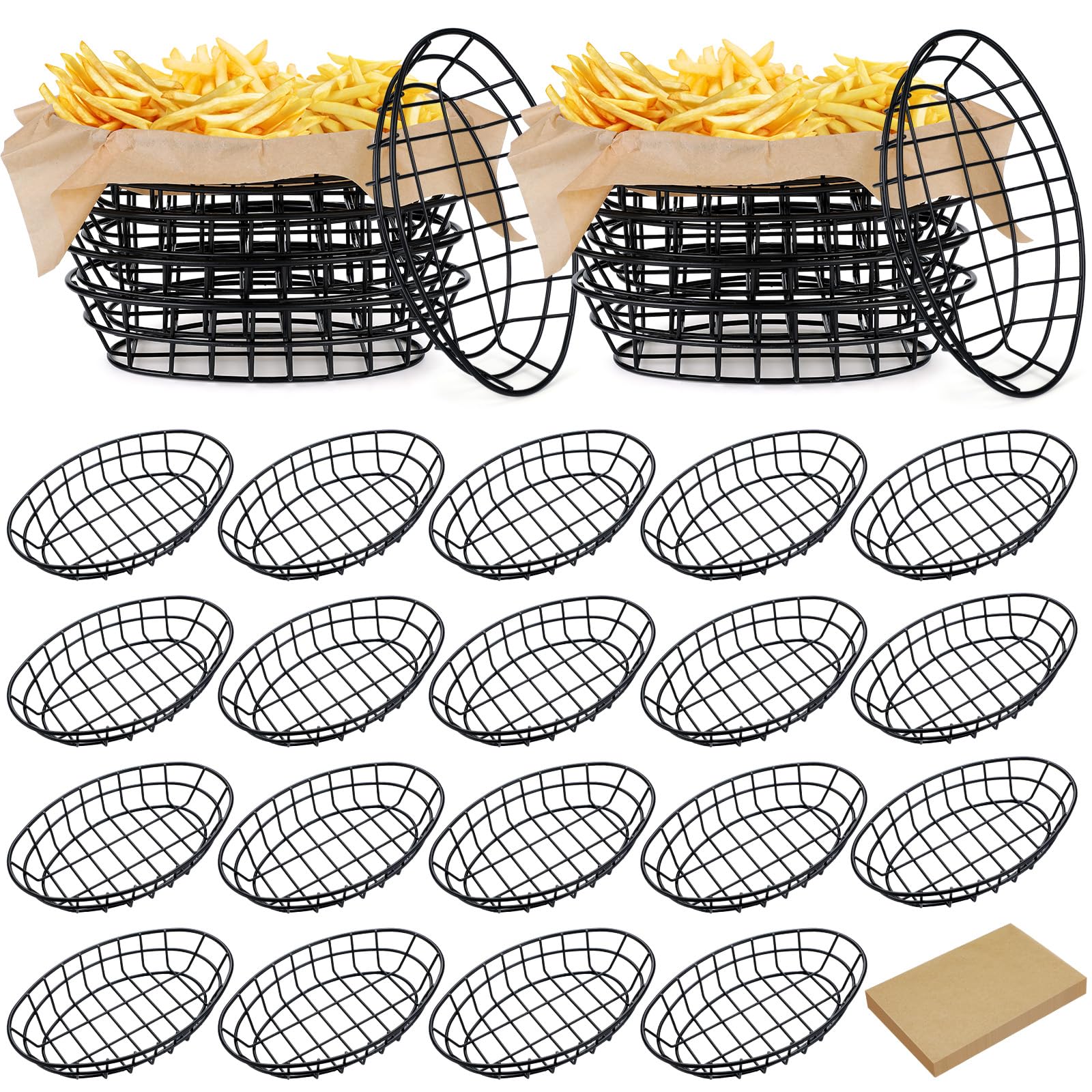 Hushee 24 Pcs Silver Wire Fast Food Basket with 100 Sheets Deli Wrapper Paper 9.5 x 6.2 x 2.2 Inches Metal Bread Box Oval Metal Dinner Basket Storage for Kitchen Bread Deli Serving Burger Picnic Party