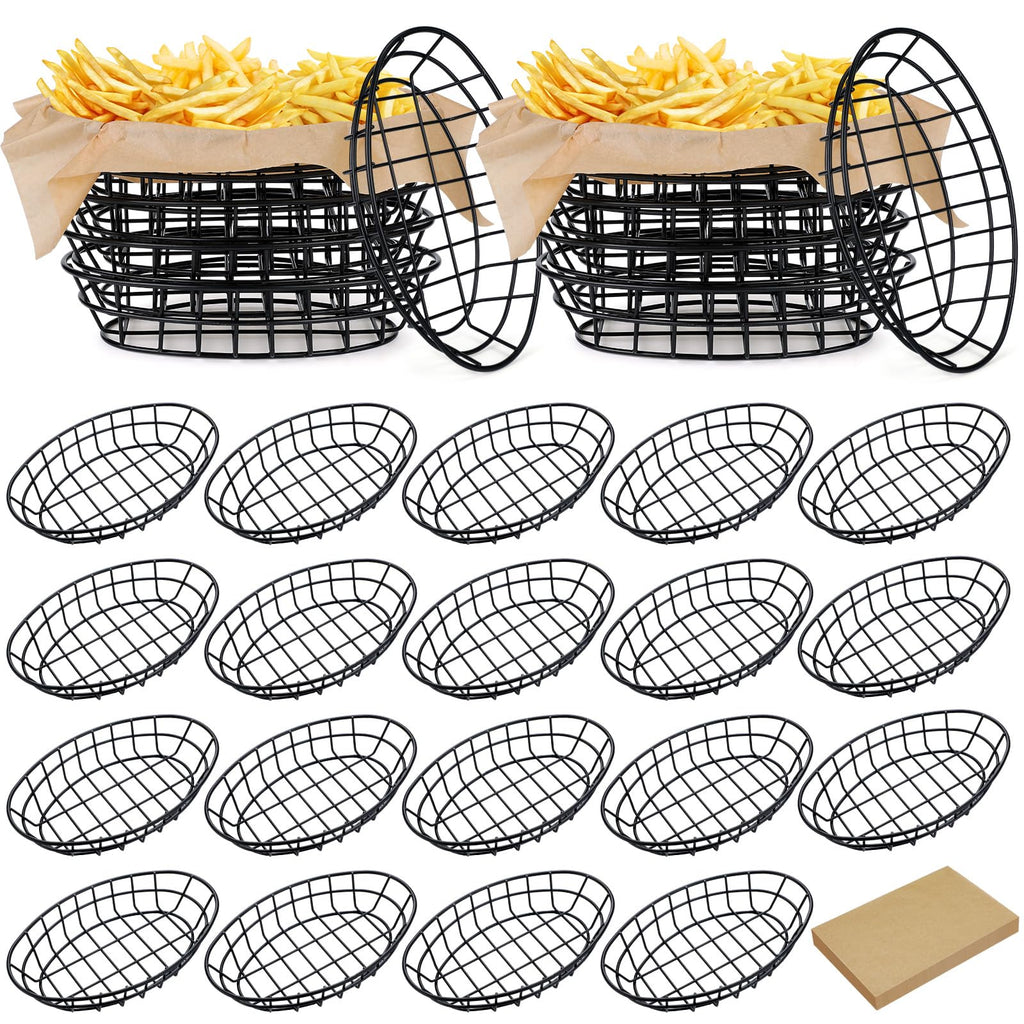 Hushee 24 Pcs Black Wire Fast Food Basket with 100 Sheets Deli Wrapper Paper 9.5 x 6.2 x 2.2 Inches Metal Bread Box Oval Metal Dinner Basket Storage for Kitchen Bread Deli Serving Burger Picnic Party