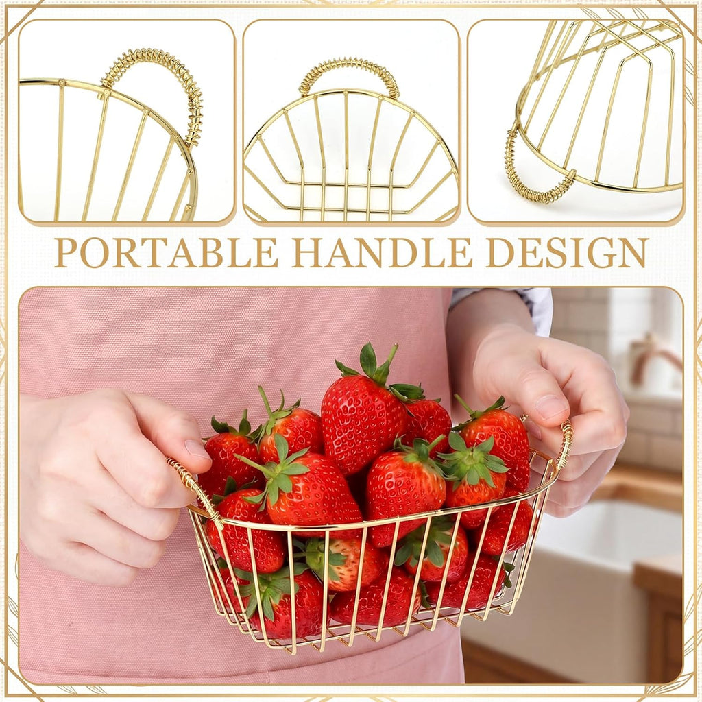 Gold 24 Pack Wire Basket Set 7.3 x 4.6 x 3.4'' Inch Reusable Oval Metal Fast Food Baskets with Handle Bread Boxes for Fruit, Burger, Sandwich, Fried Chicken, French Fries, Potato Chips