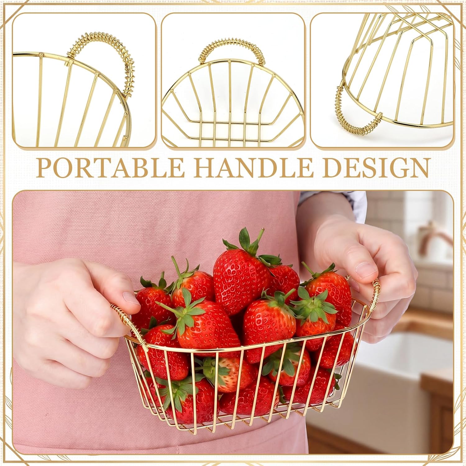 Gold 24 Pack Wire Basket Set 7.3 x 4.6 x 3.4'' Inch Reusable Oval Metal Fast Food Baskets with Handle Bread Boxes for Fruit, Burger, Sandwich, Fried Chicken, French Fries, Potato Chips