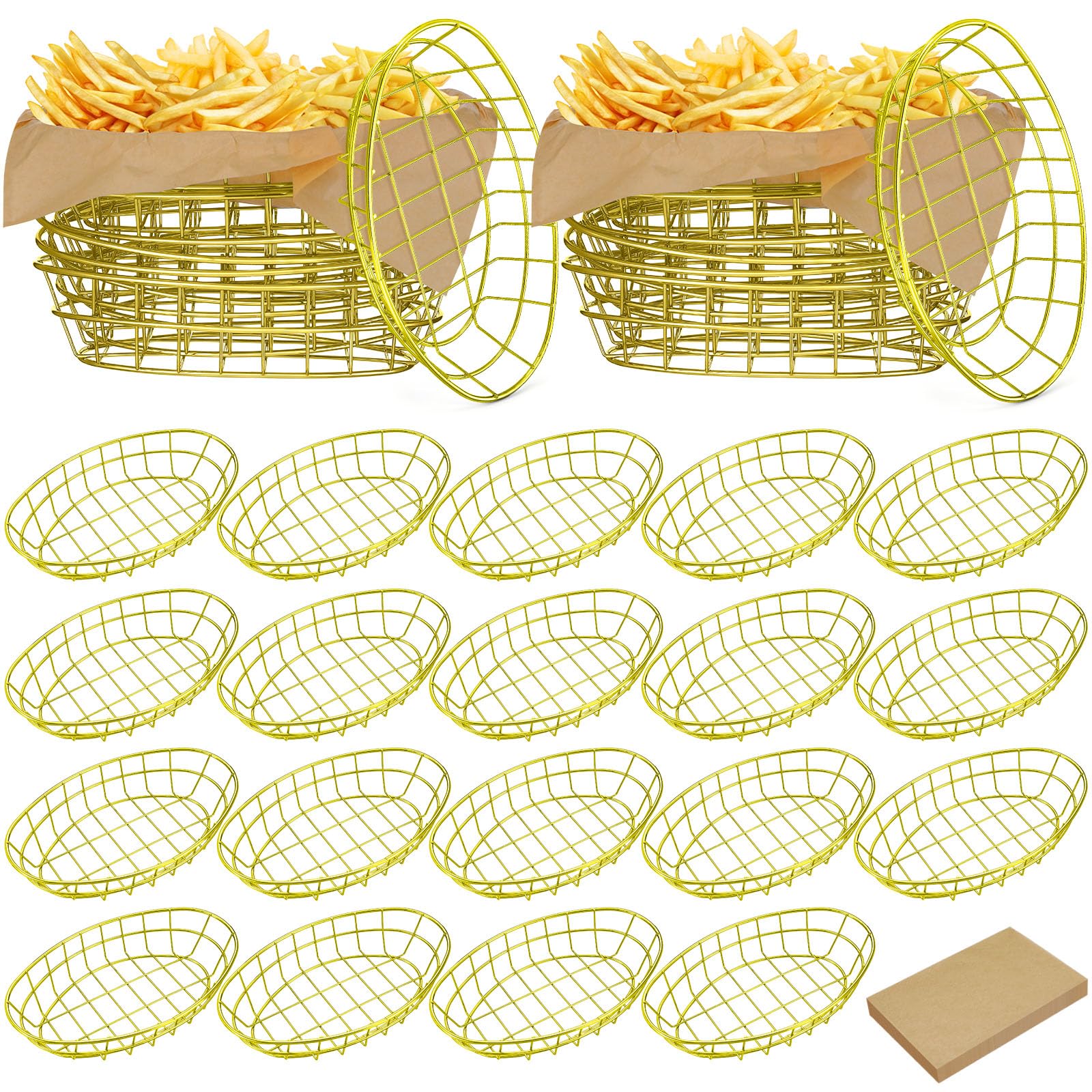 Hushee 24 Pcs Silver Wire Fast Food Basket with 100 Sheets Deli Wrapper Paper 9.5 x 6.2 x 2.2 Inches Metal Bread Box Oval Metal Dinner Basket Storage for Kitchen Bread Deli Serving Burger Picnic Party