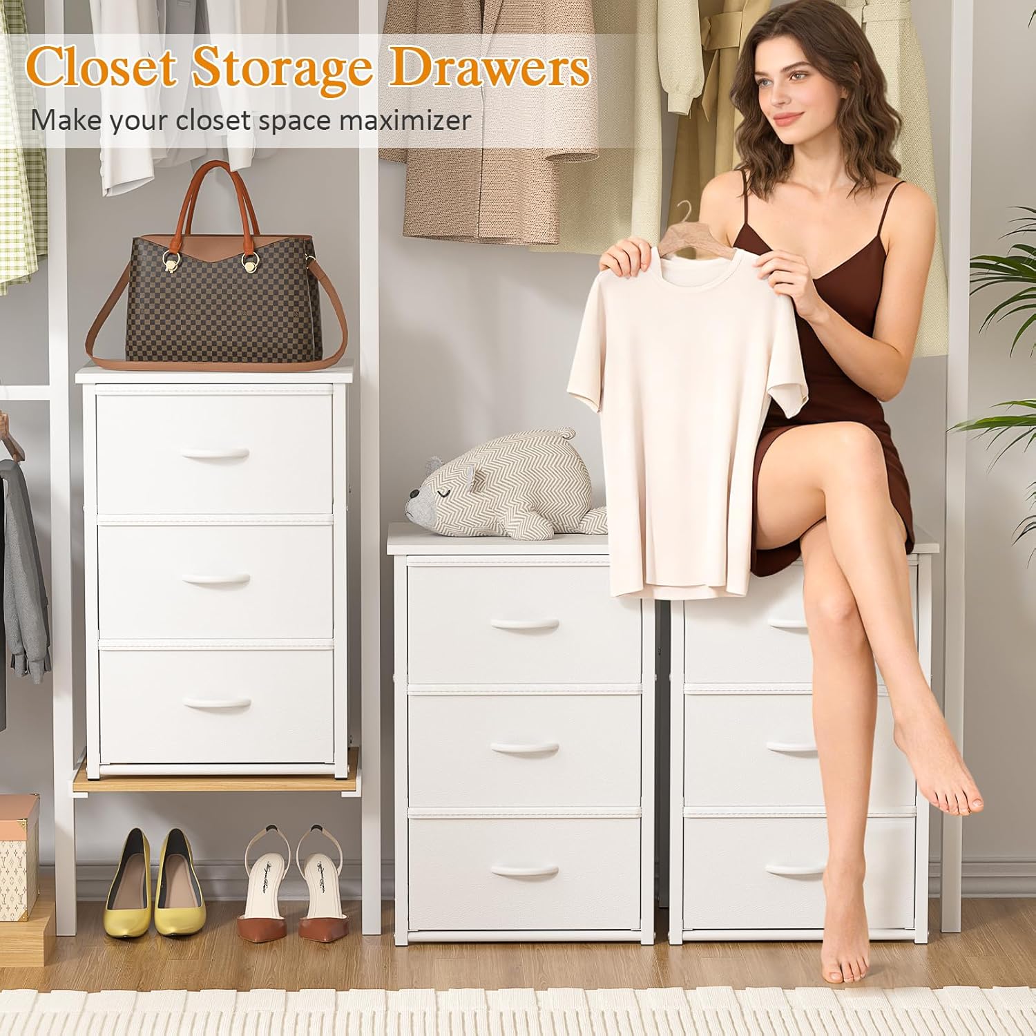 DAOUTIME 2-Pack Stackable Storage Drawers (6 Drawers Total), White Closet Organizer with Wooden Top & Metal Frame, Freestanding or Stackable Dresser for Bedroom, Living Room, Under Bed
