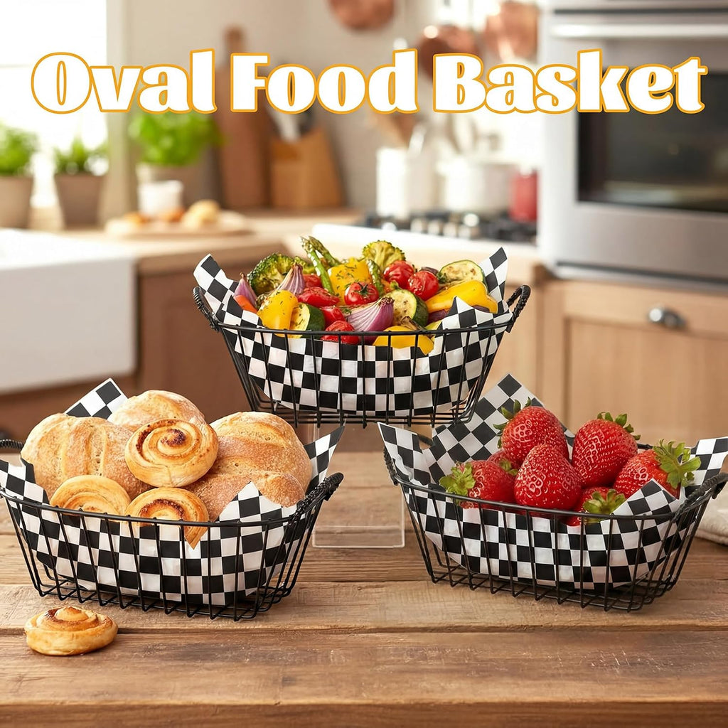 24 Pack Wire Bread Basket Set with 100 Plaid Food Blotting Sheets 7.3x4.6x3.4 Inch Metal Fast Food Baskets for Bread, Fruit, Sandwich, Fried Chicken, French Fries, Potato Chips (Black)
