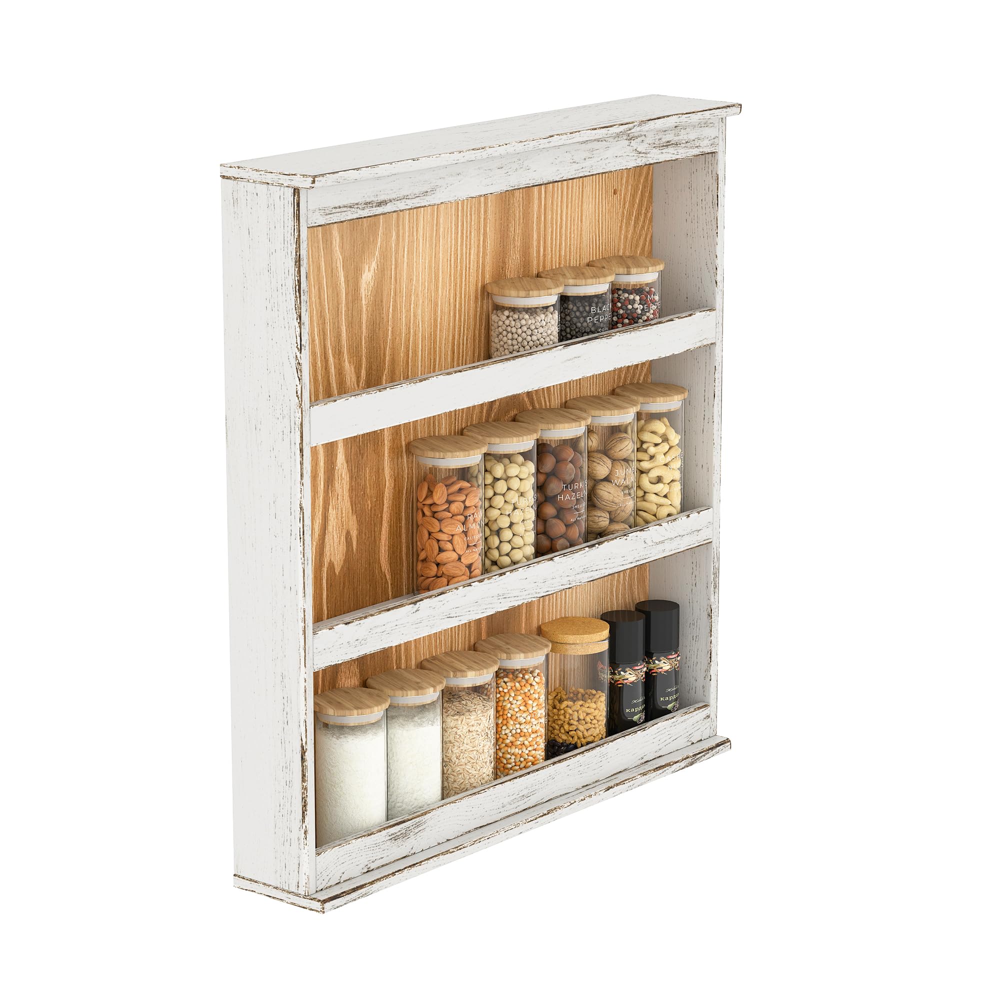Nisorpa 3 Tier Spice Rack Wall Mount, Rustic Burnt Wood Wall Hanging Spice Rack Kitchen Spice Shelf Organizer for Seasoning Jars or Condiment Bottles, 19.68 x 3.35 x 21.25 Inches
