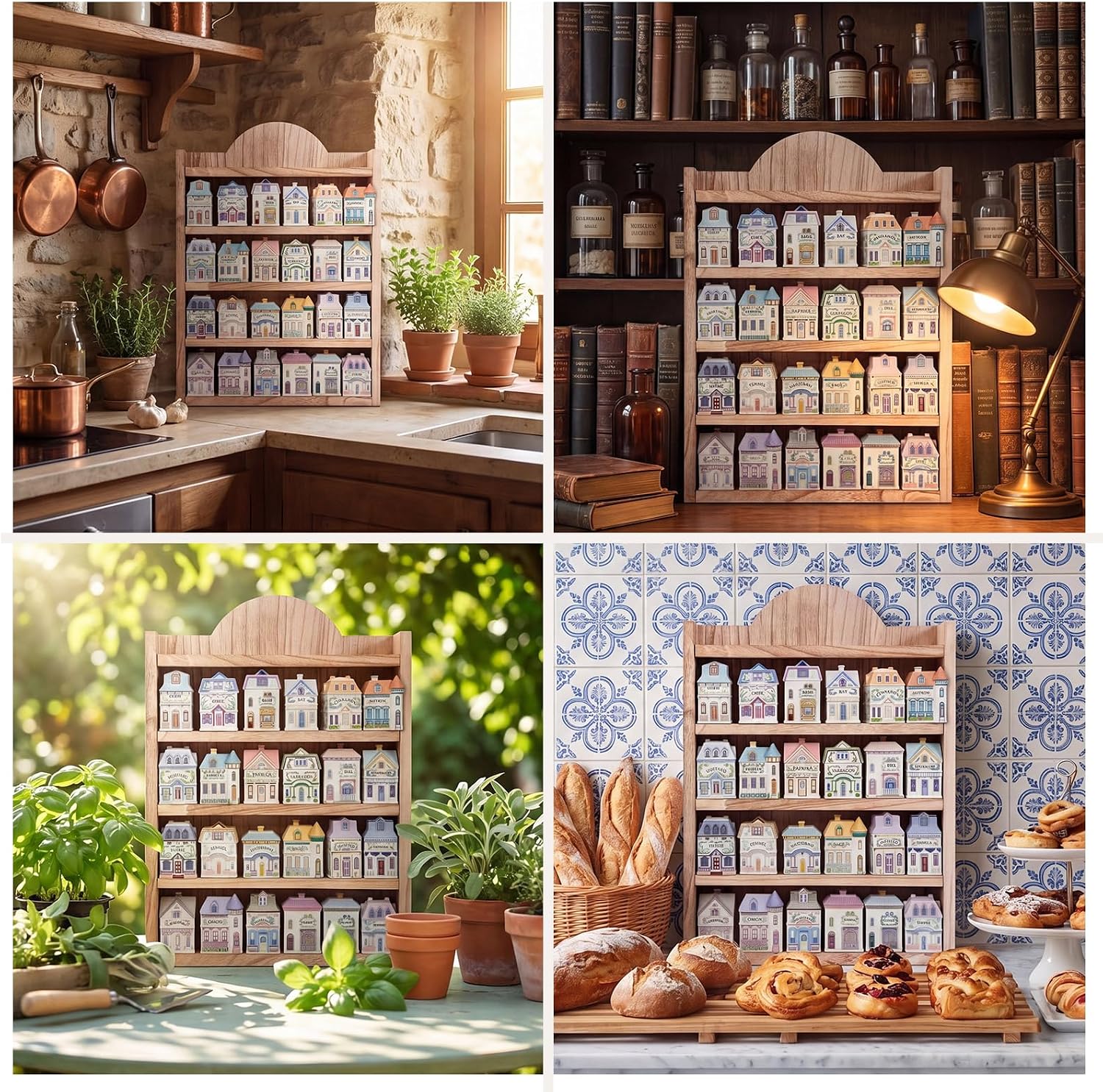 Chunful Spice Jar Wooden Rack Light Oak Farmhouse Spice Shelf for 24 Jars, Village Style Wall Mounting Kitchen Storage Decorative Hanging Display Rack, Shelf Only(20 x 14 Inches)