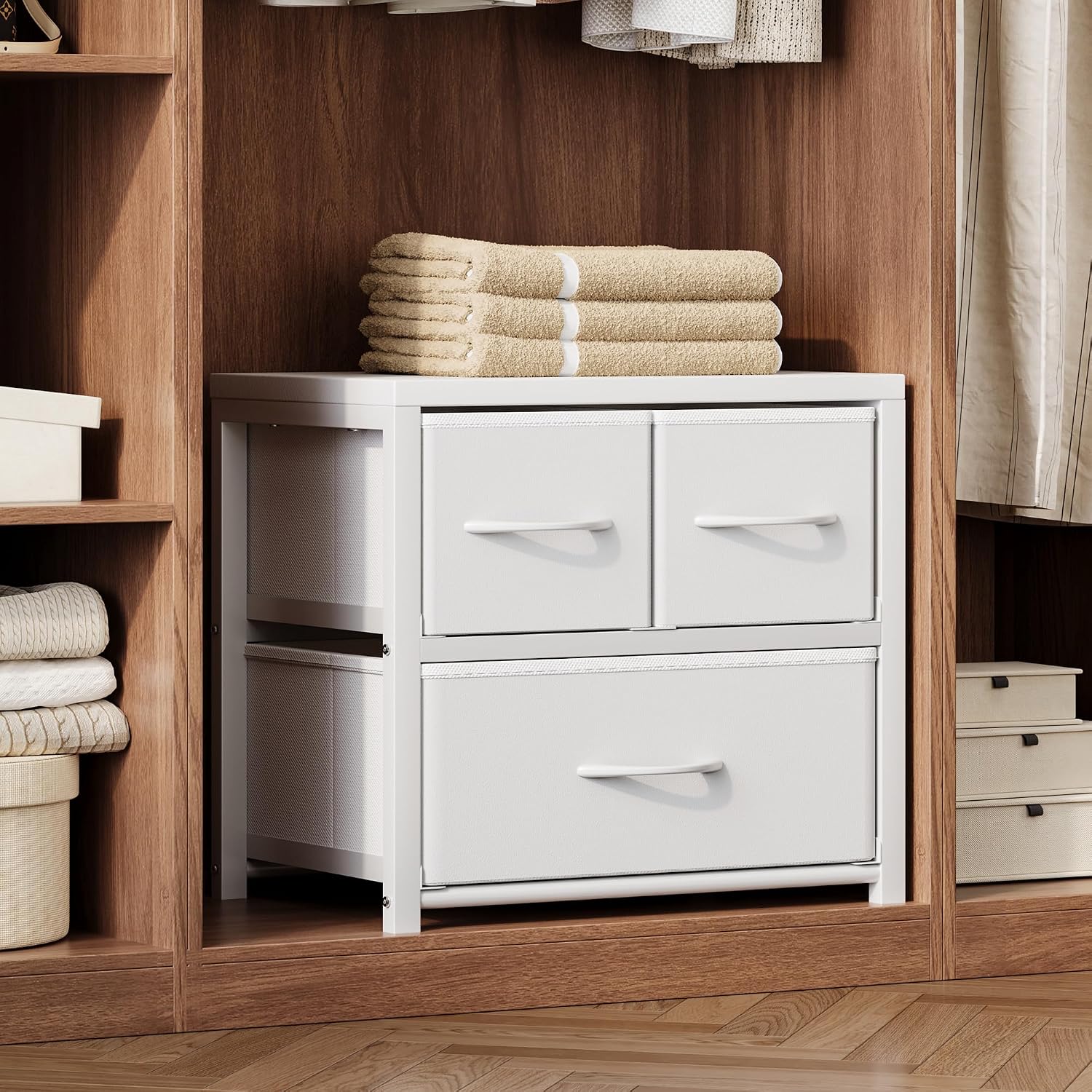 Homeiju Stackable 3-Drawer Fabric Dresser with Waterproof Wood Top – Closet Drawers & Storage Drawers for Bedroom, Modern Metal Frame Design (2 Tier-1 Pack)