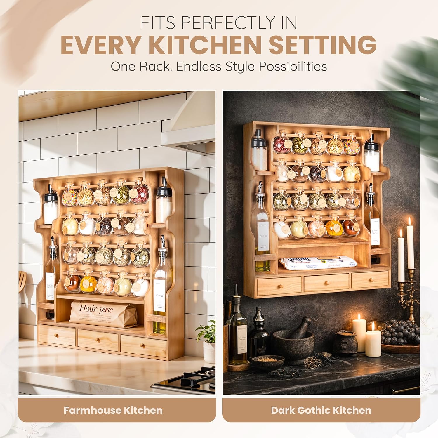 Byers Choice TX Pine Wooden Spice Rack Organizer for Countertop with Rounded Corners and Ample Storage Space – Freestanding Spice Jar Rack with Drawers for Kitchen Pantry, Apothecary