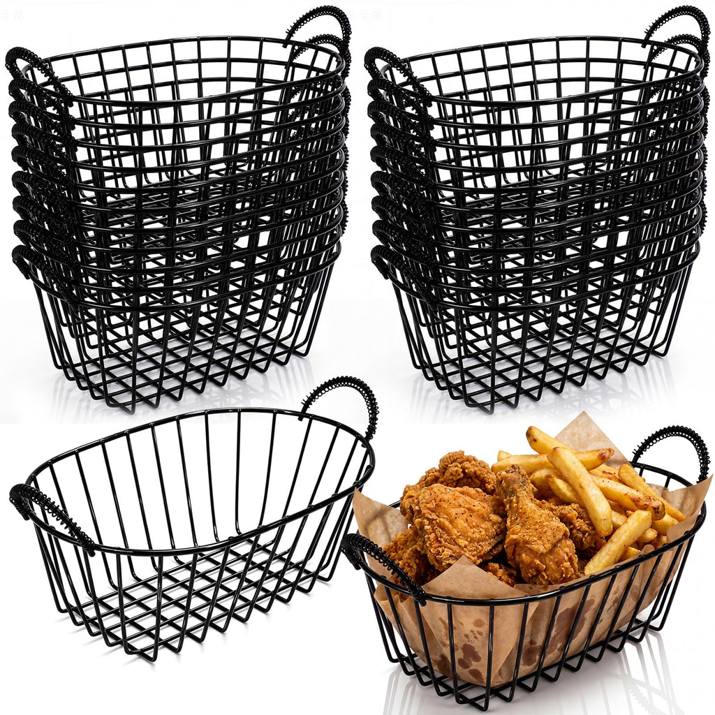 Gold 24 Pack Wire Basket Set 7.3 x 4.6 x 3.4'' Inch Reusable Oval Metal Fast Food Baskets with Handle Bread Boxes for Fruit, Burger, Sandwich, Fried Chicken, French Fries, Potato Chips