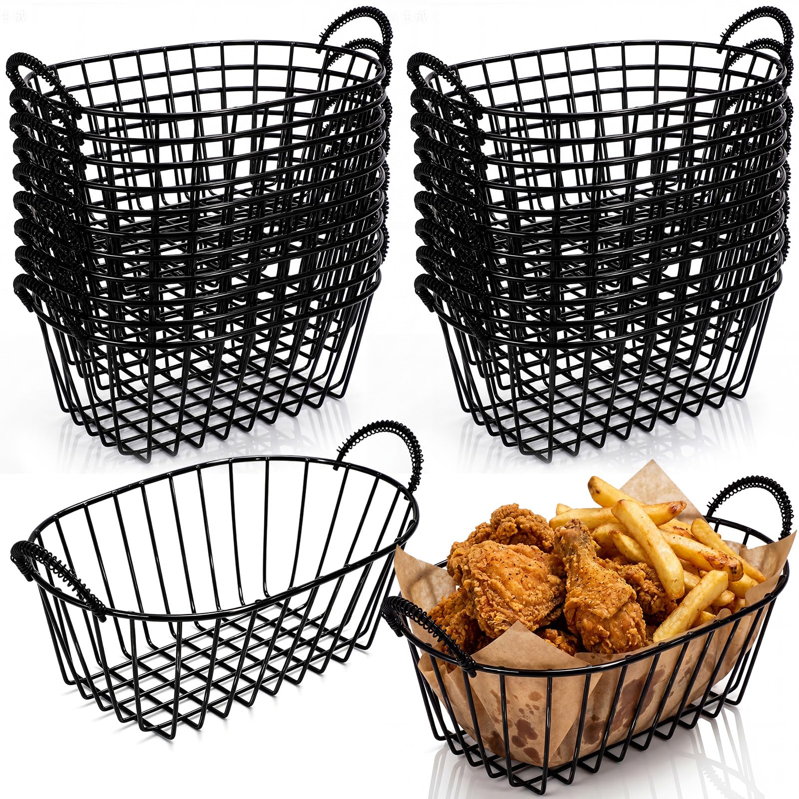 Gold 24 Pack Wire Basket Set 7.3 x 4.6 x 3.4'' Inch Reusable Oval Metal Fast Food Baskets with Handle Bread Boxes for Fruit, Burger, Sandwich, Fried Chicken, French Fries, Potato Chips