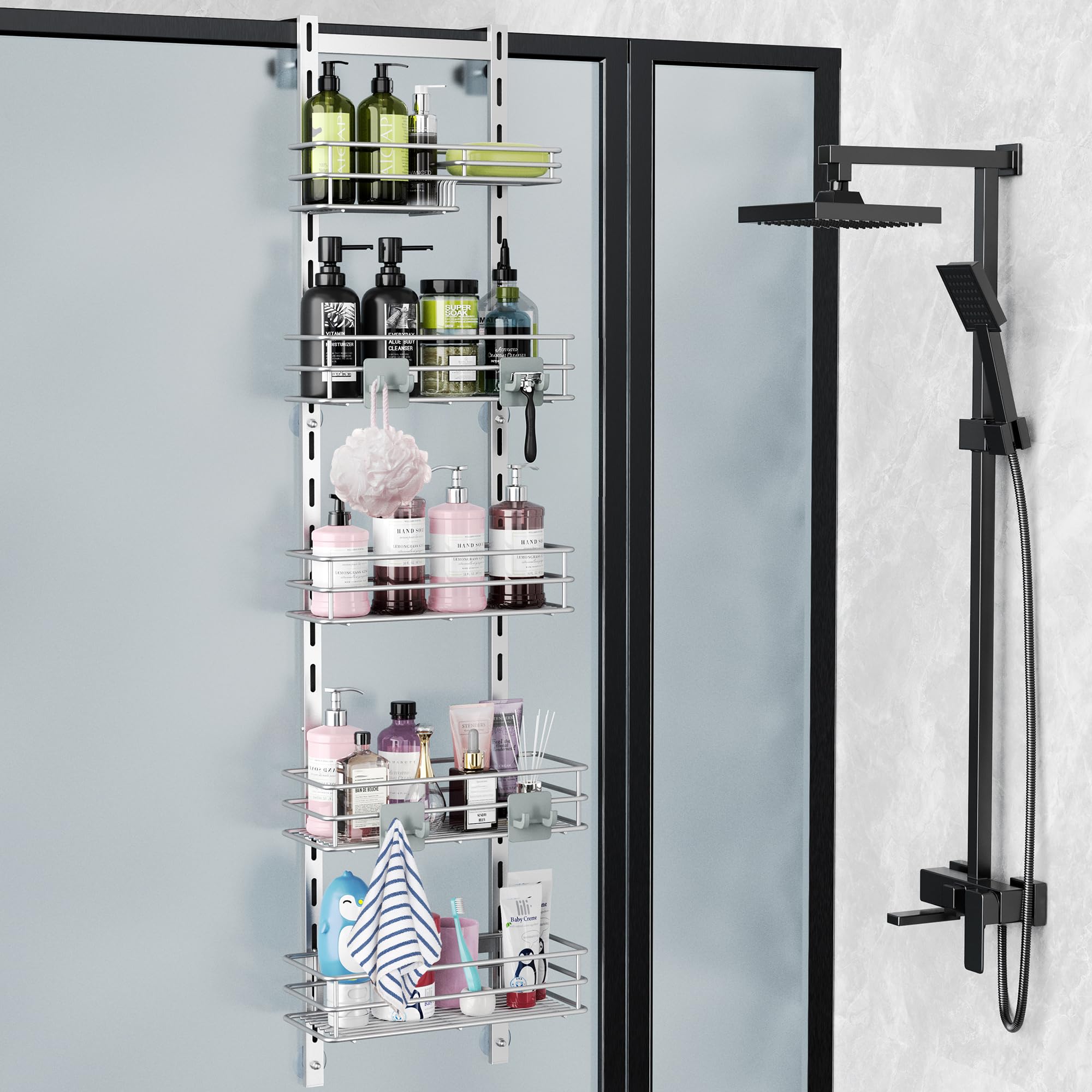 Orimade Over the Door Shower Caddy Adjustable 5 Tier Black,Bathroom Hanging Organizer Shelf Rustproof with 4 Hooks,Shower Basket with Soap Holder and Suction Cup