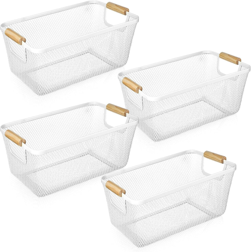 Ziliny 4 Pcs Metal Mesh Wire Baskets with Wooden Handles for Organizing, Pantry Organizers and Storage Steel Bin Kitchen Baskets for Fruit Potato Onion Snacks Bathroom Cabinet(Medium,Cream White)