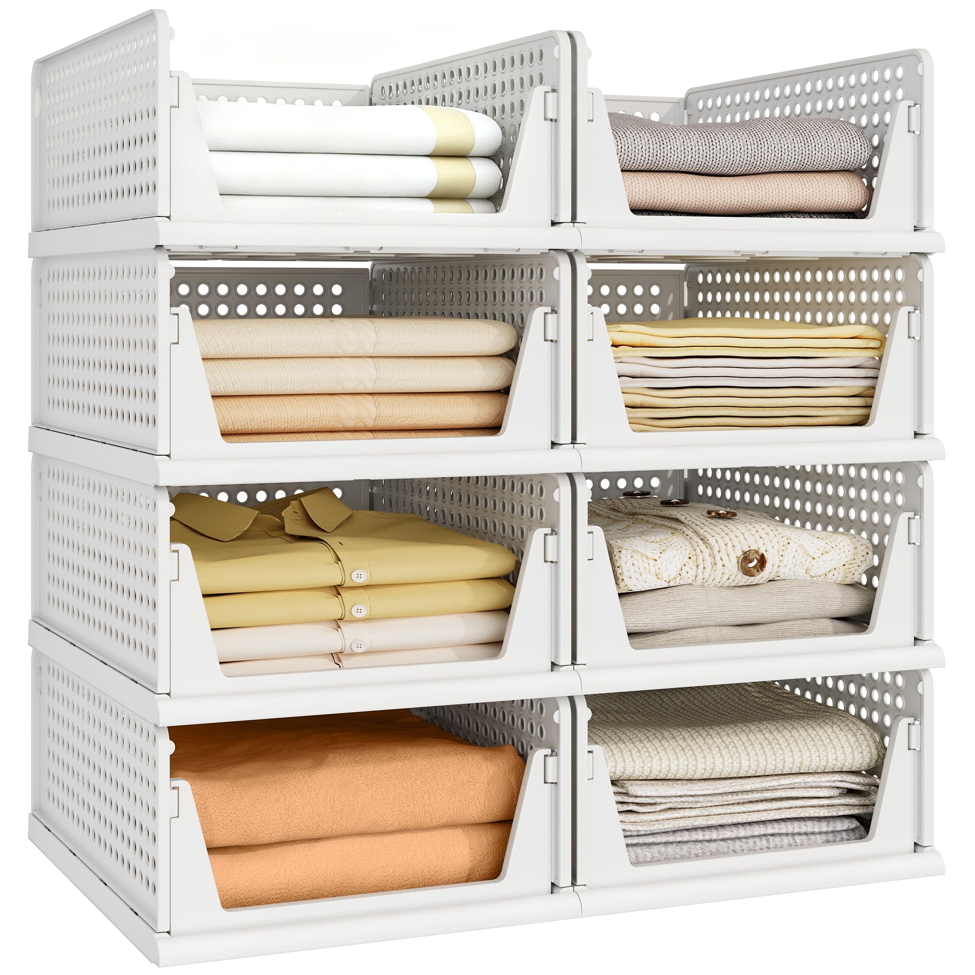 Pinkpum 6 Pack Closet Organizers Storage Bins, Stackable Plastic Drawer Basket for Clothing, Stackable Storage Bins Shelf Storage Container for Closet Wardrobe Bedroom Bathroom Office White