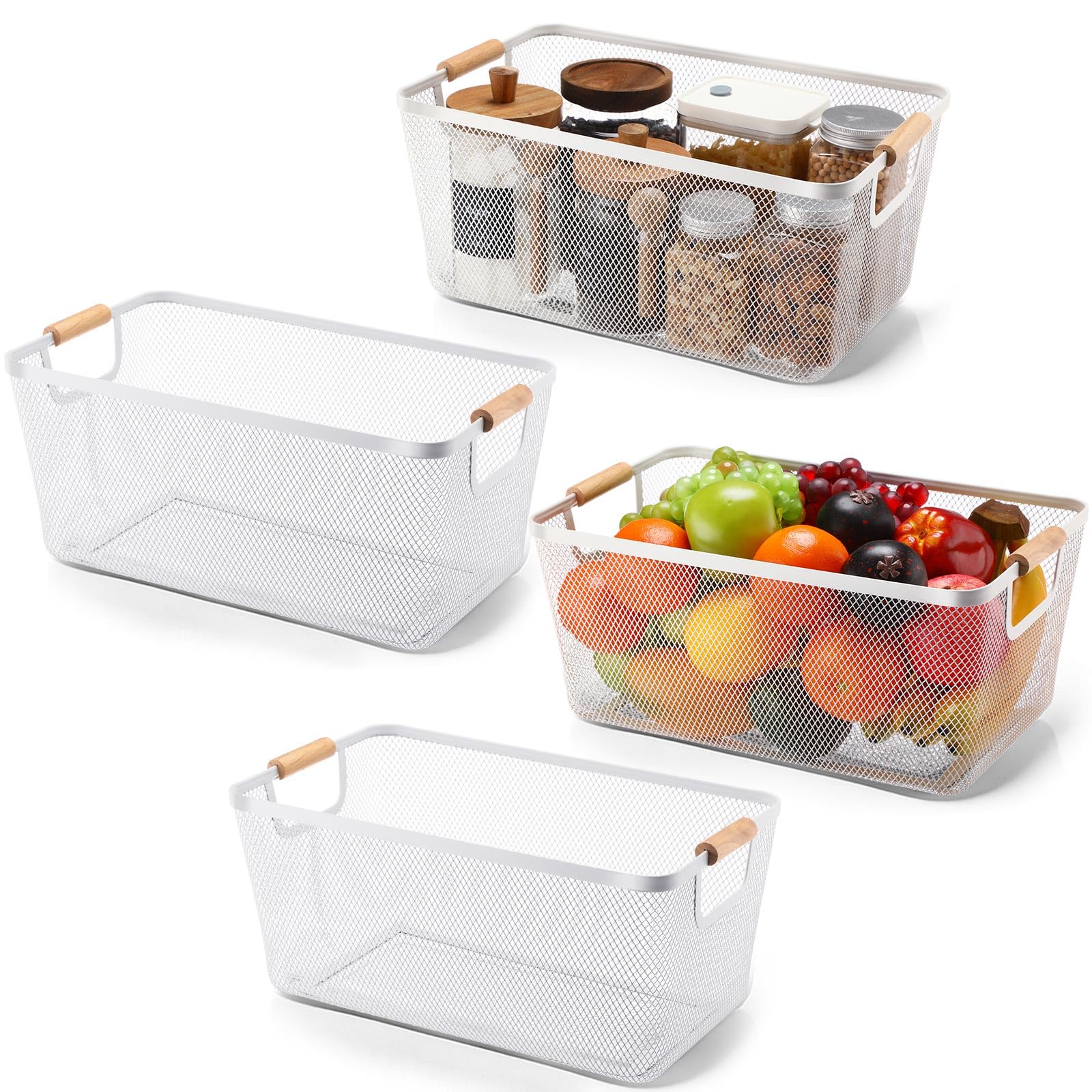 Ziliny 4 Pcs Metal Mesh Wire Baskets with Wooden Handles for Organizing, Pantry Organizers and Storage Steel Bin Kitchen Baskets for Fruit Potato Onion Snacks Bathroom Cabinet(Medium,Cream White)