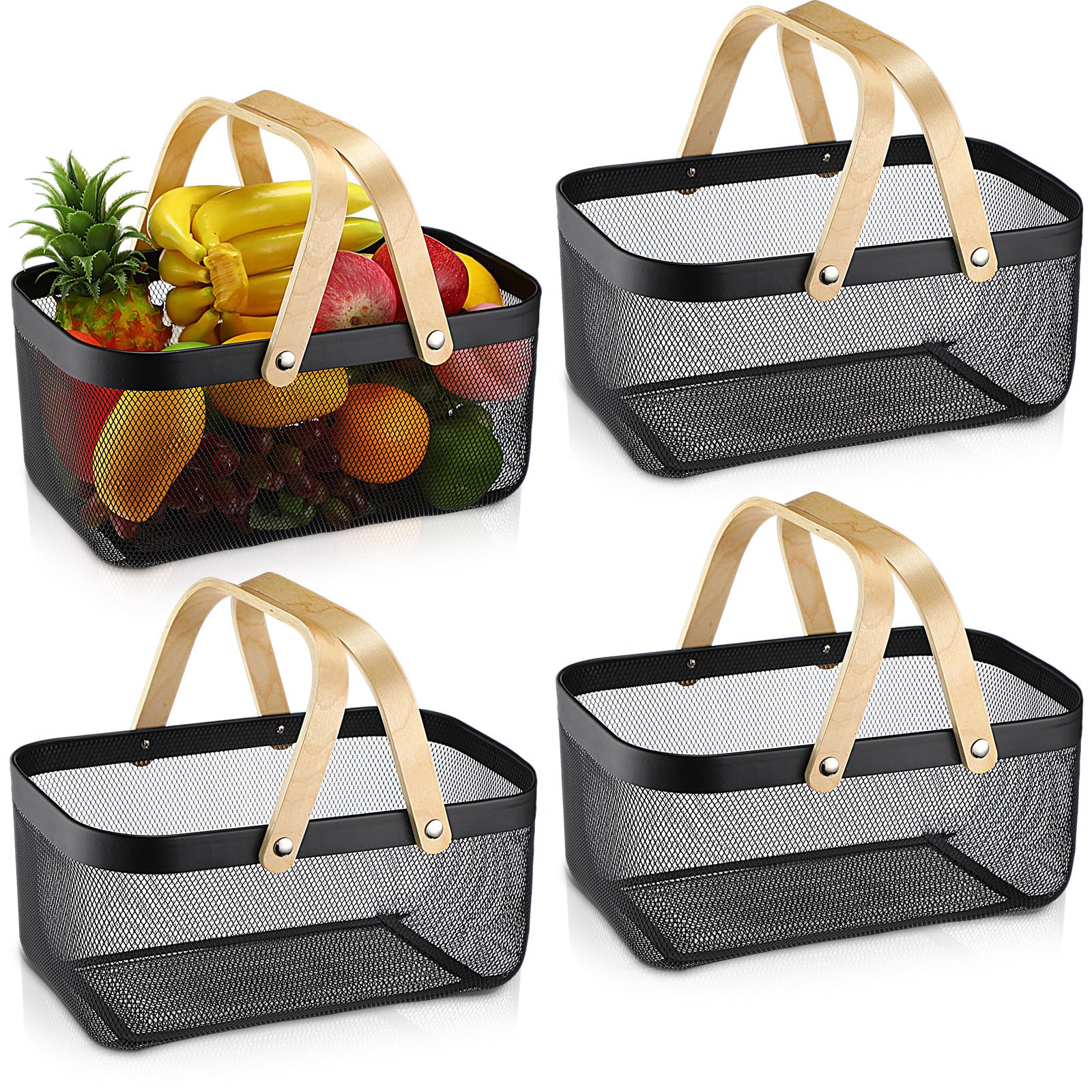Sadnyy 4 Pcs White Metal Wire Storage Basket with Handle Mesh Harvest Durable Vegetables Fruit Toy Basket for Garden Organizing, Kitchen, Countertop, Closet, Bedroom (16 x 9.8 x 7.1 Inch)