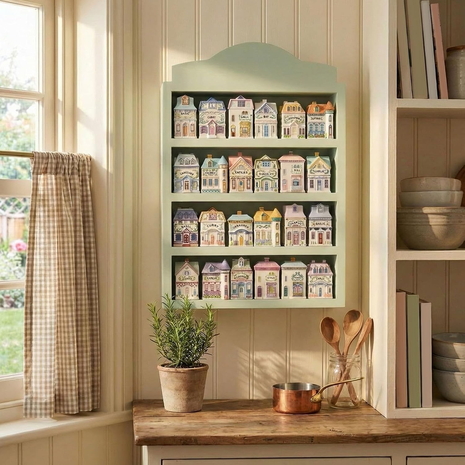 Chunful Vintage Spice Jar Wooden Rack Green Cottagecore Spice Shelf for 24 Jars, Village Style Wall Mounting Kitchen Storage Decorative Hanging Display Rack, Shelf Only