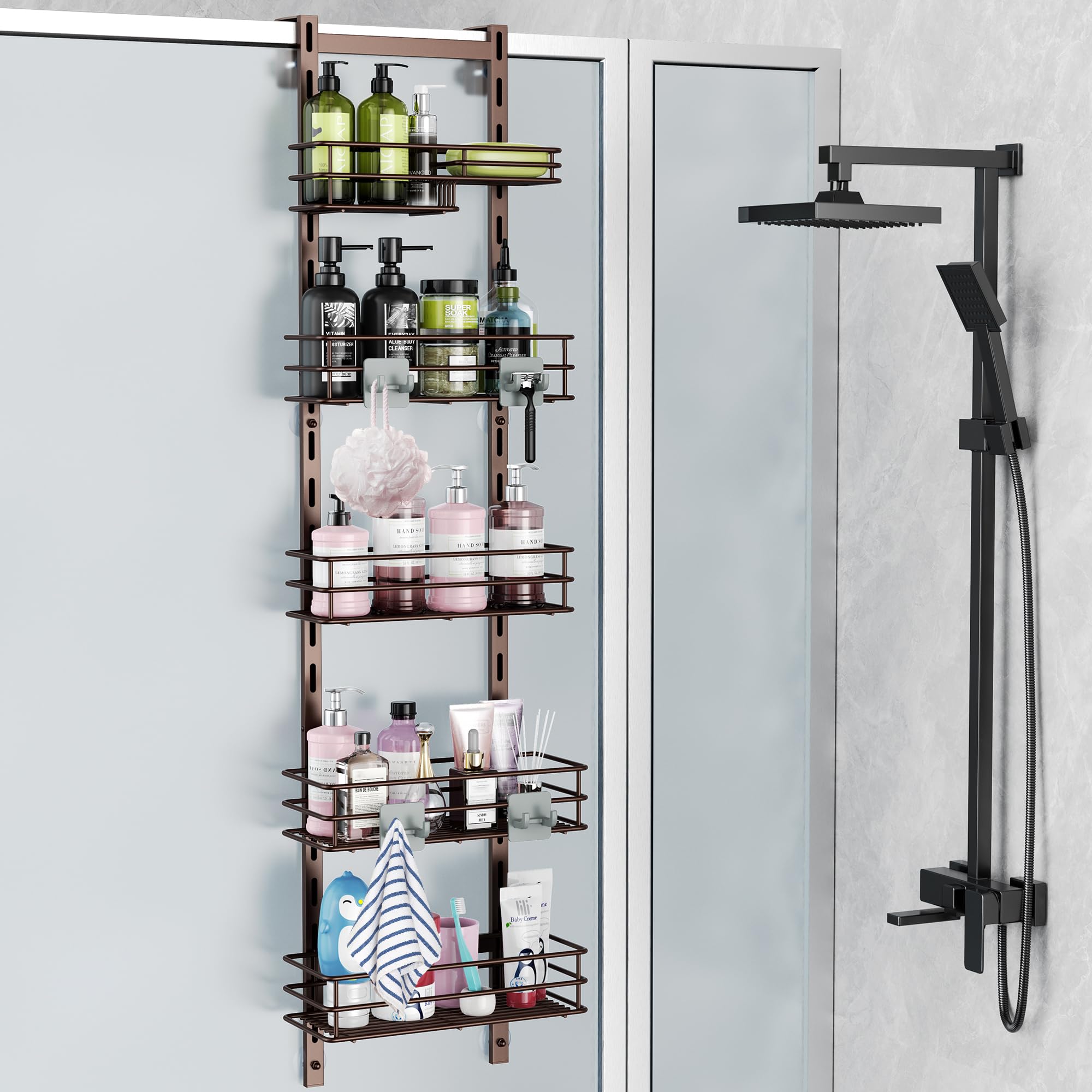 Orimade Over the Door Shower Caddy Adjustable 5 Tier Black,Bathroom Hanging Organizer Shelf Rustproof with 4 Hooks,Shower Basket with Soap Holder and Suction Cup