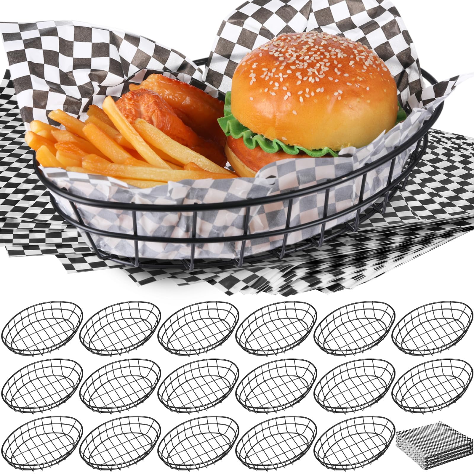 18 Pack Oval Black Wire Serving Baskets with Deli Papers for Kitchen Restaurant Use
