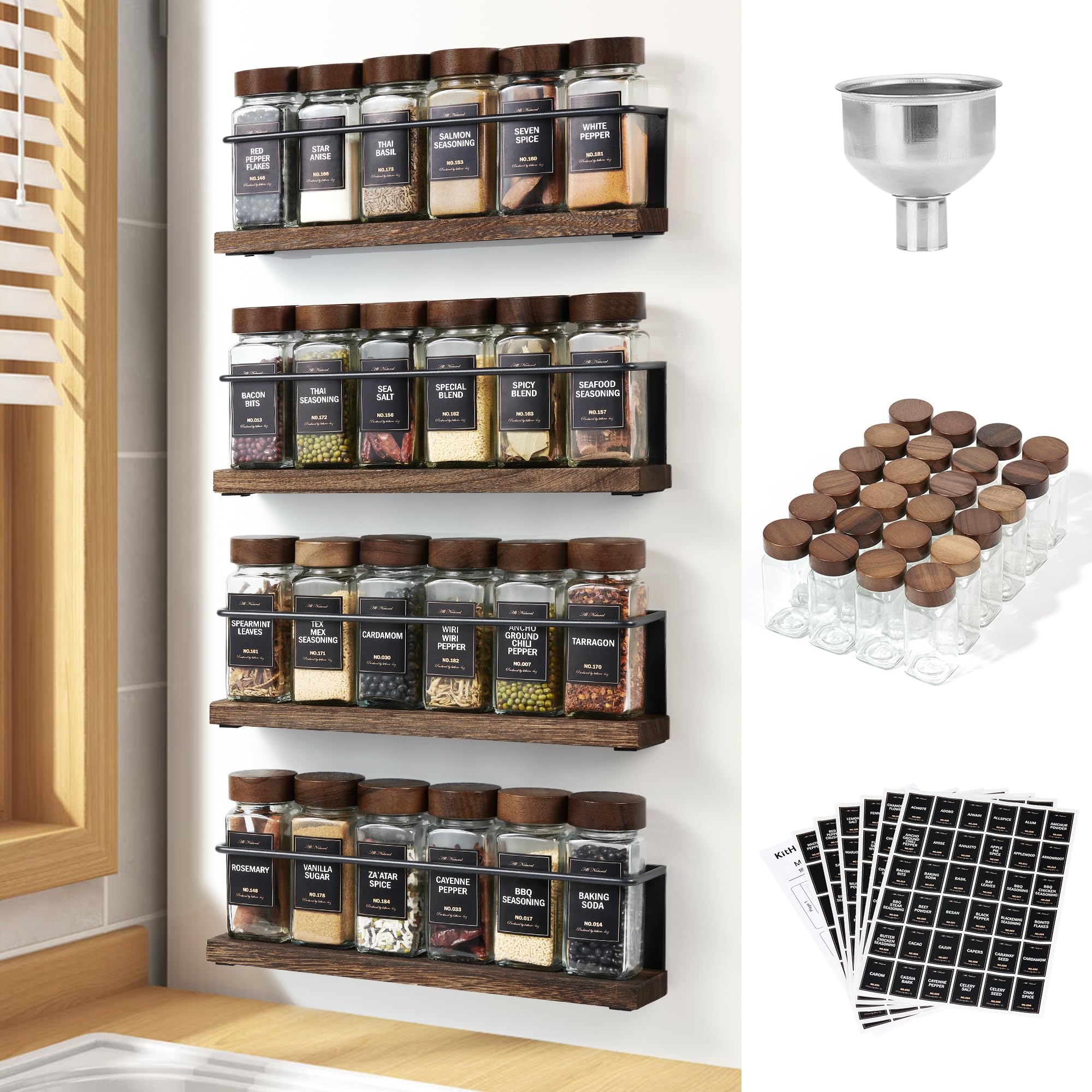 Wooden Lid Magnetic Spice Rack with 24 Jars, 216 Labels, 1 Steel Funnel for Refrigerator，Microwave Oven - Full Set of Spice Organizer