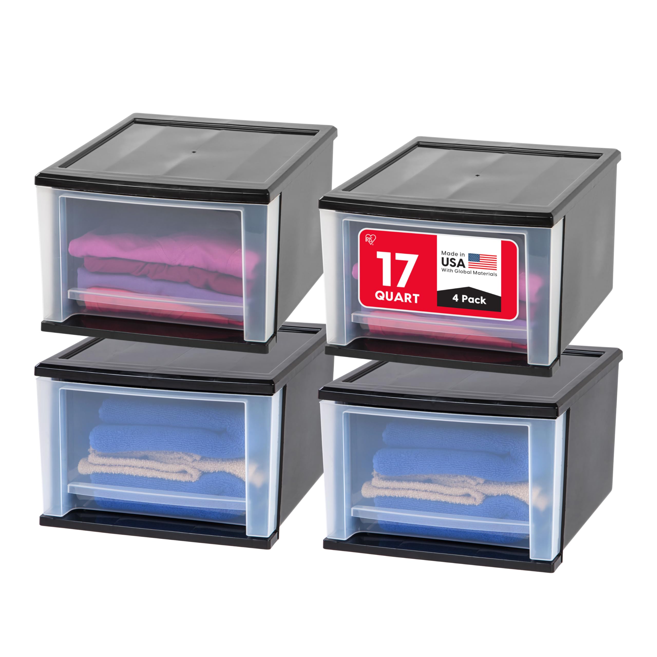 IRIS USA 30 Qt. Plastic Drawer Storage Organizer Stacking Drawers, 2-Pack, Stackable Unit with Sliding Drawer for Clothes Bedroom Kitchen Under Sink Pantry Craft Room Bathroom Dorm Office, Black