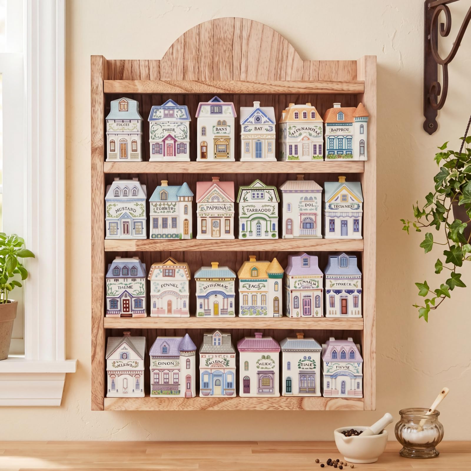 Chunful Vintage Spice Jar Wooden Rack Green Cottagecore Spice Shelf for 24 Jars, Village Style Wall Mounting Kitchen Storage Decorative Hanging Display Rack, Shelf Only