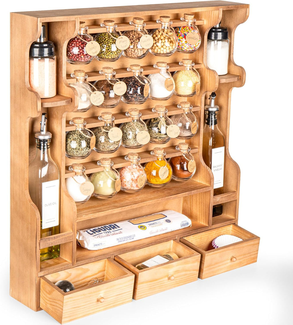 Byers Choice TX Pine Wooden Spice Rack Organizer for Countertop with Rounded Corners and Ample Storage Space – Freestanding Spice Jar Rack with Drawers for Kitchen Pantry, Apothecary