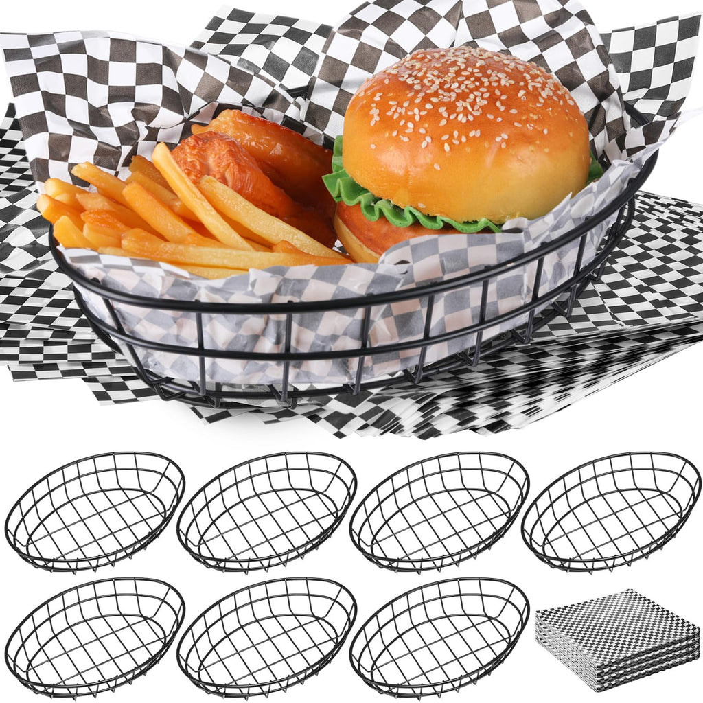 18 Pack Oval Black Wire Serving Baskets with Deli Papers for Kitchen Restaurant Use