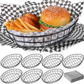 18 Pack Oval Black Wire Serving Baskets with Deli Papers for Kitchen Restaurant Use