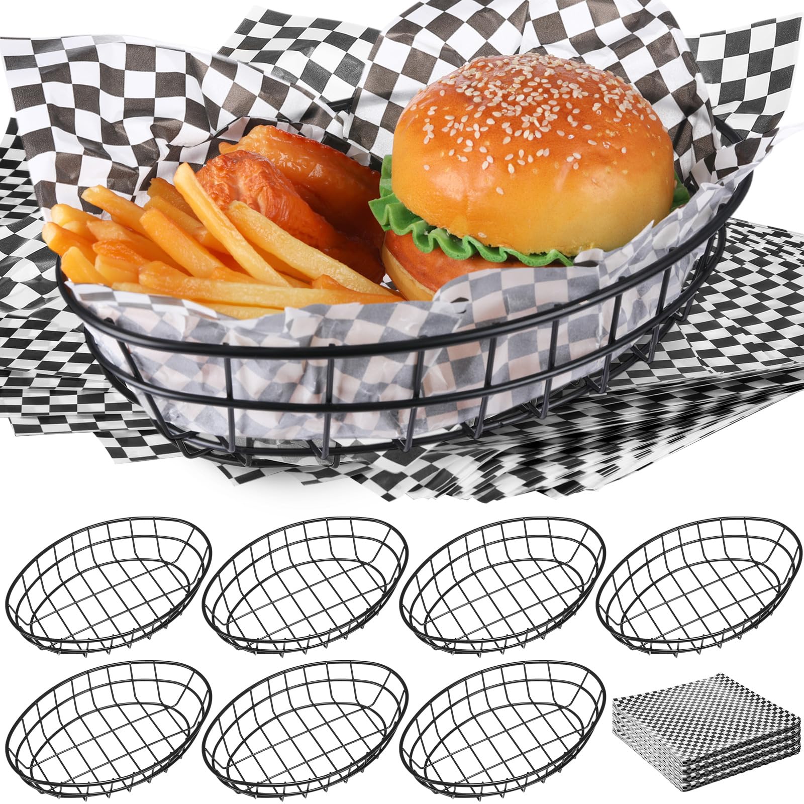 18 Pack Oval Black Wire Serving Baskets with Deli Papers for Kitchen Restaurant Use