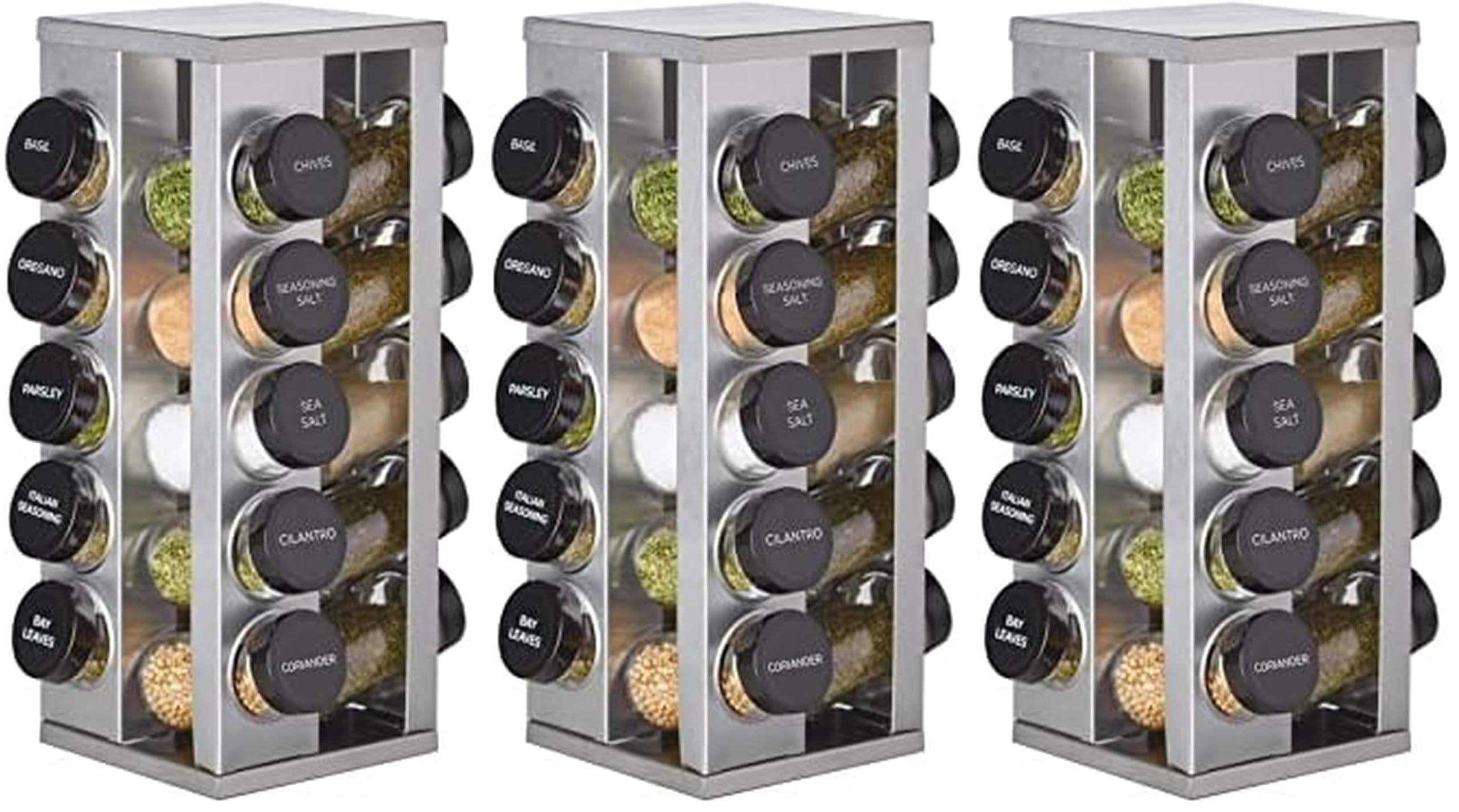 Kamenstein 20 Jar Vintage Revolving Countertop Spice Rack Organizer with Spices Included, FREE Spice Refills for 5 Years, Wood and Stainless Steel with Metal Caps