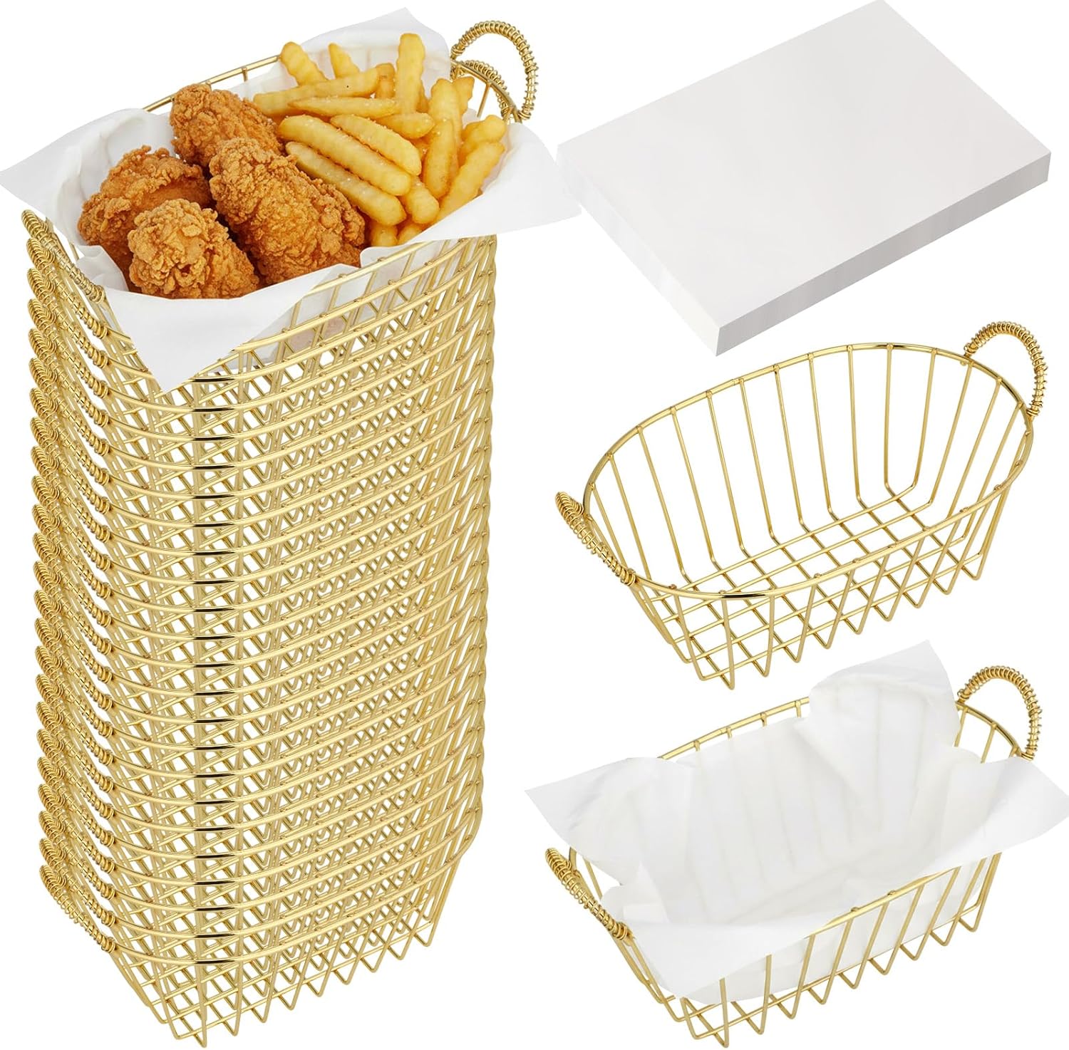 24 Pack Metal Wire Fast Food Baskets with 100 Food Blotting Sheets 7.3 x 4.6 x 3.4 Inch Oval Serving Baskets for Fries, Chicken, Sandwiches, Bread, and Snacks(Gold and White)