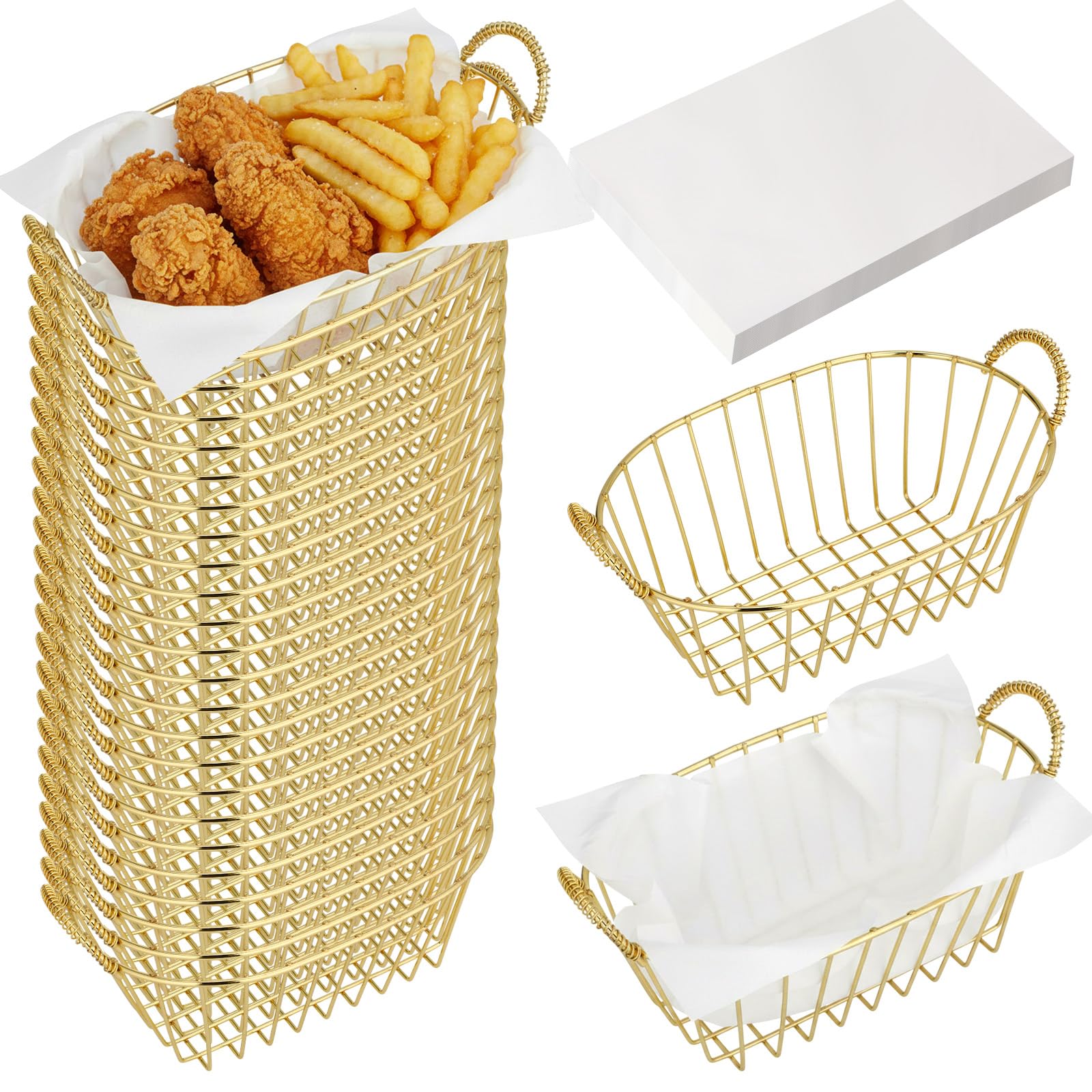 24 Pack Metal Wire Fast Food Baskets with 100 Food Blotting Sheets 7.3 x 4.6 x 3.4 Inch Oval Serving Baskets for Fries, Chicken, Sandwiches, Bread, and Snacks(Gold and White)