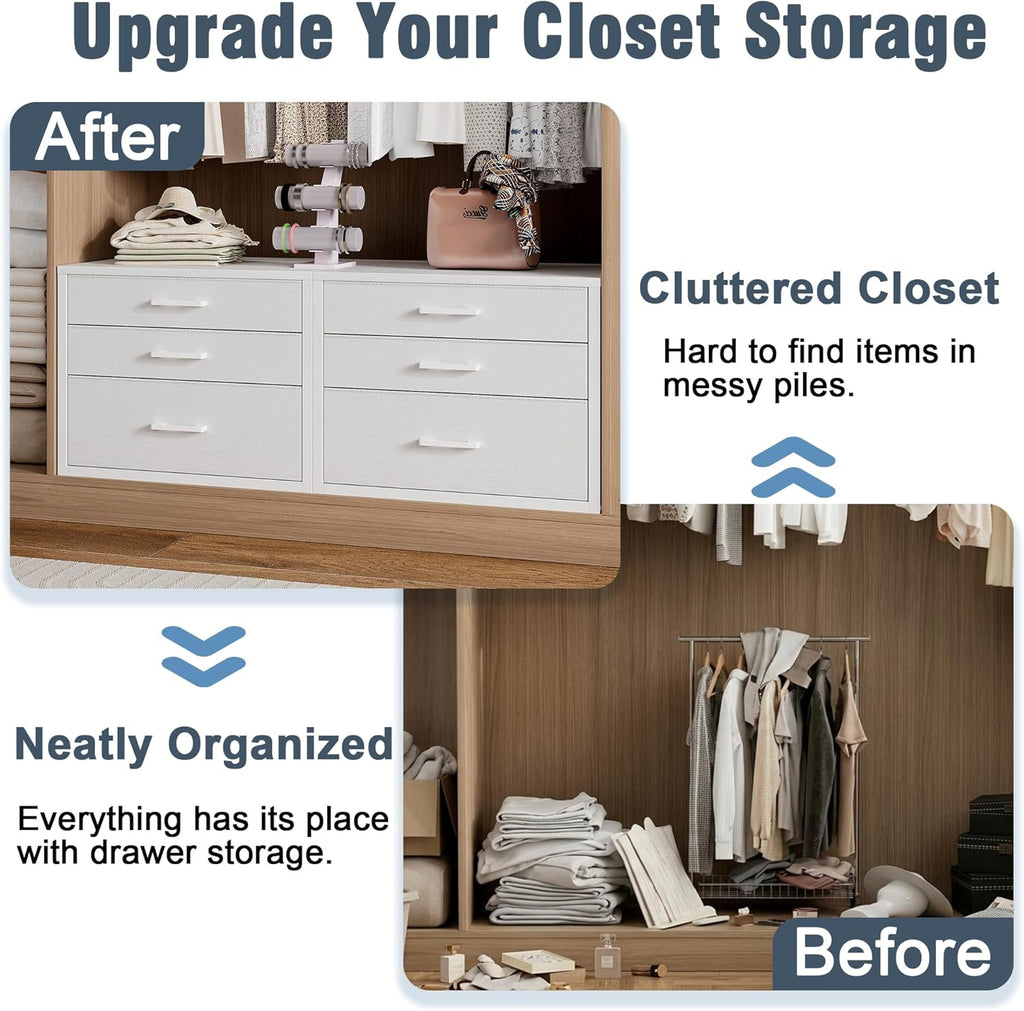 Closet Drawers Set of 2, White Closet Organizer with 3 Fabric Drawers, Stackable Storage Drawers for Closet, Bedroom, Dorm (White)