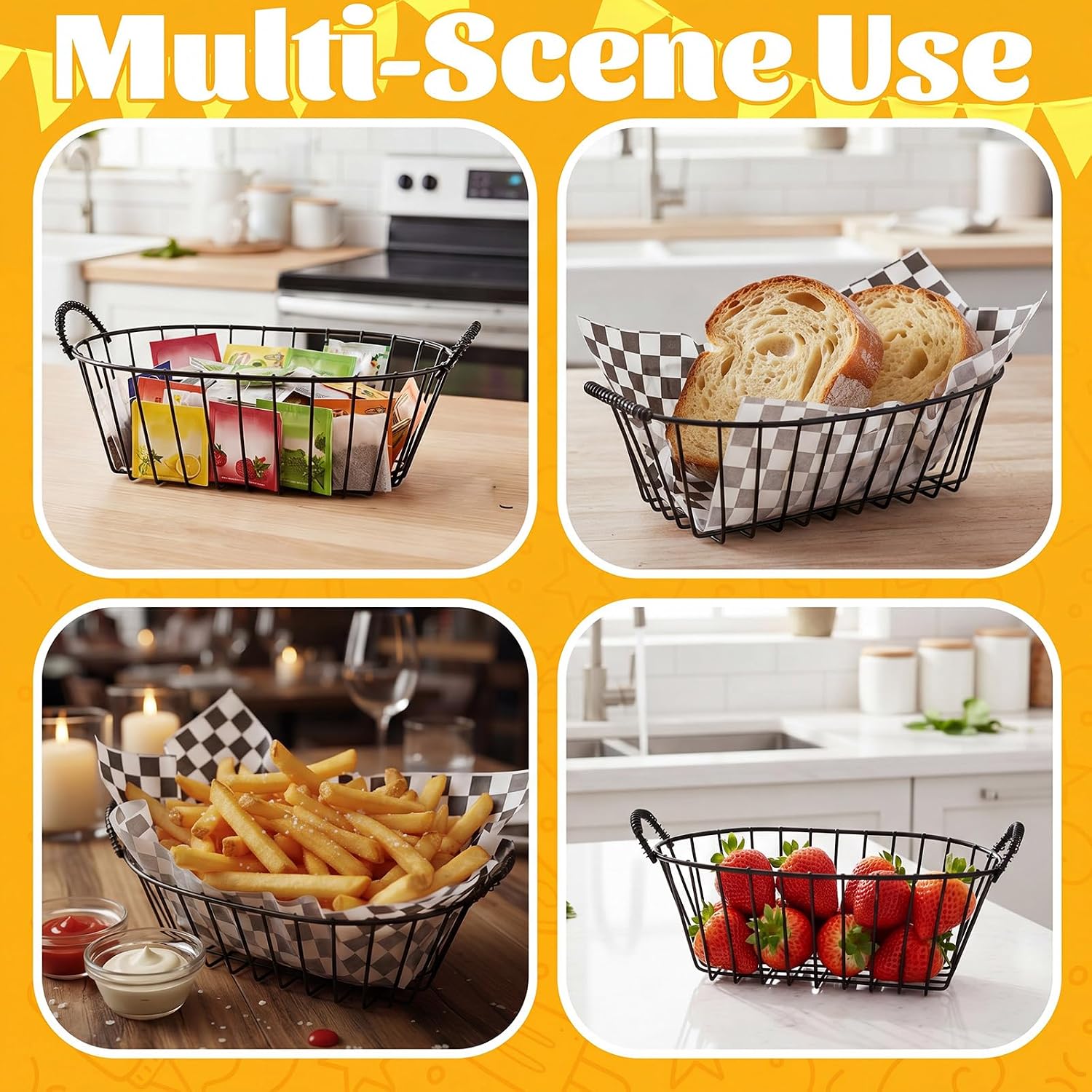 24 Pack Wire Bread Basket Set with 100 Plaid Food Blotting Sheets 7.3x4.6x3.4 Inch Metal Fast Food Baskets for Bread, Fruit, Sandwich, Fried Chicken, French Fries, Potato Chips (Black)