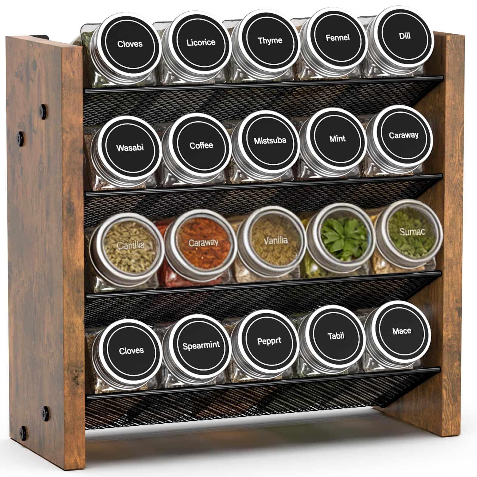 NESAPTO Spice Rack Organizer for Cabinet, Wood 4-Tier Vertical Seasoning Organizer, Wall Mount or Countertop Spice Shelf, Holds 36 Jars (No Jars Included), 17.2" W x 10.3" H