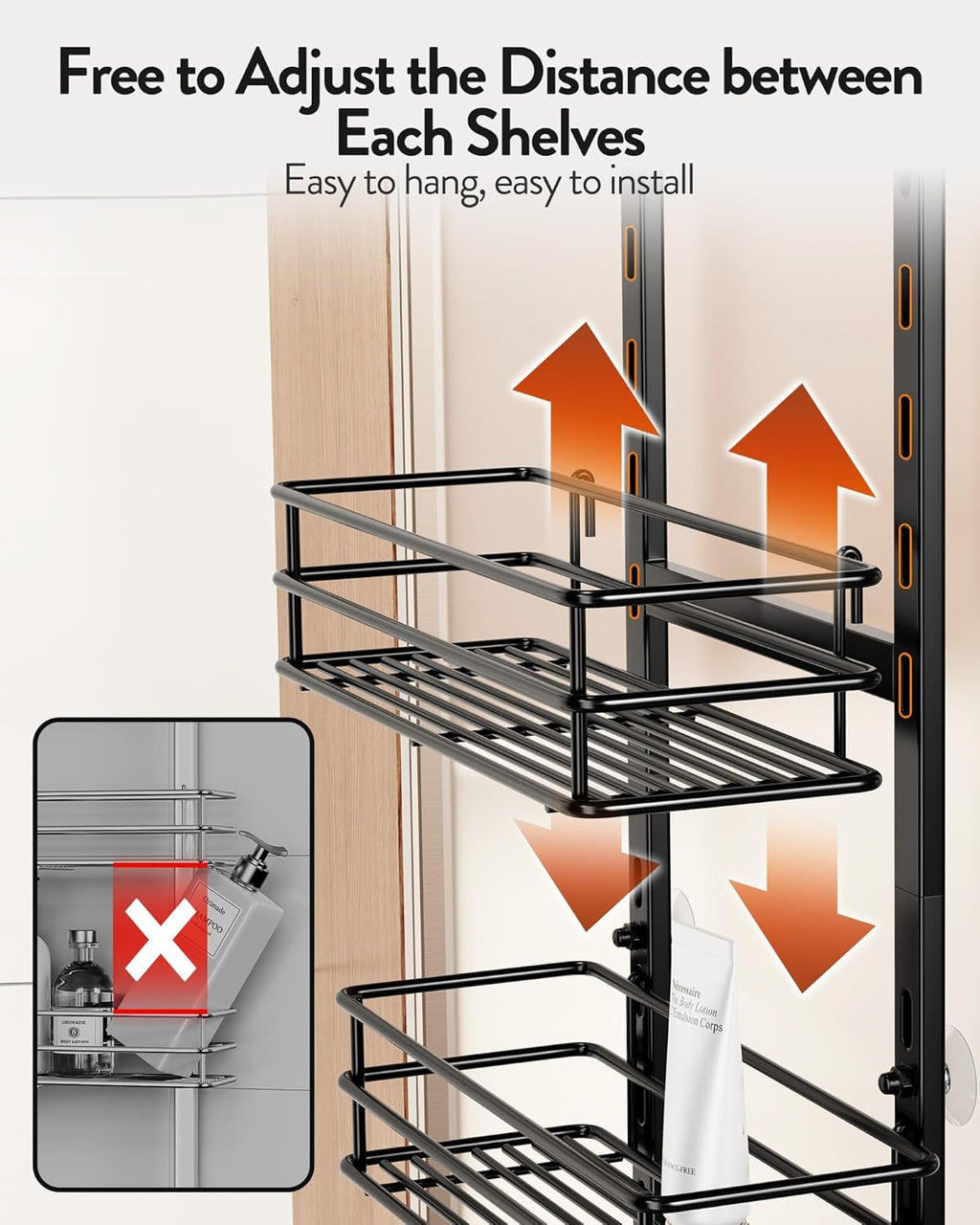 Orimade Over the Door Shower Caddy Adjustable 5 Tier Black,Bathroom Hanging Organizer Shelf Rustproof with 4 Hooks,Shower Basket with Soap Holder and Suction Cup