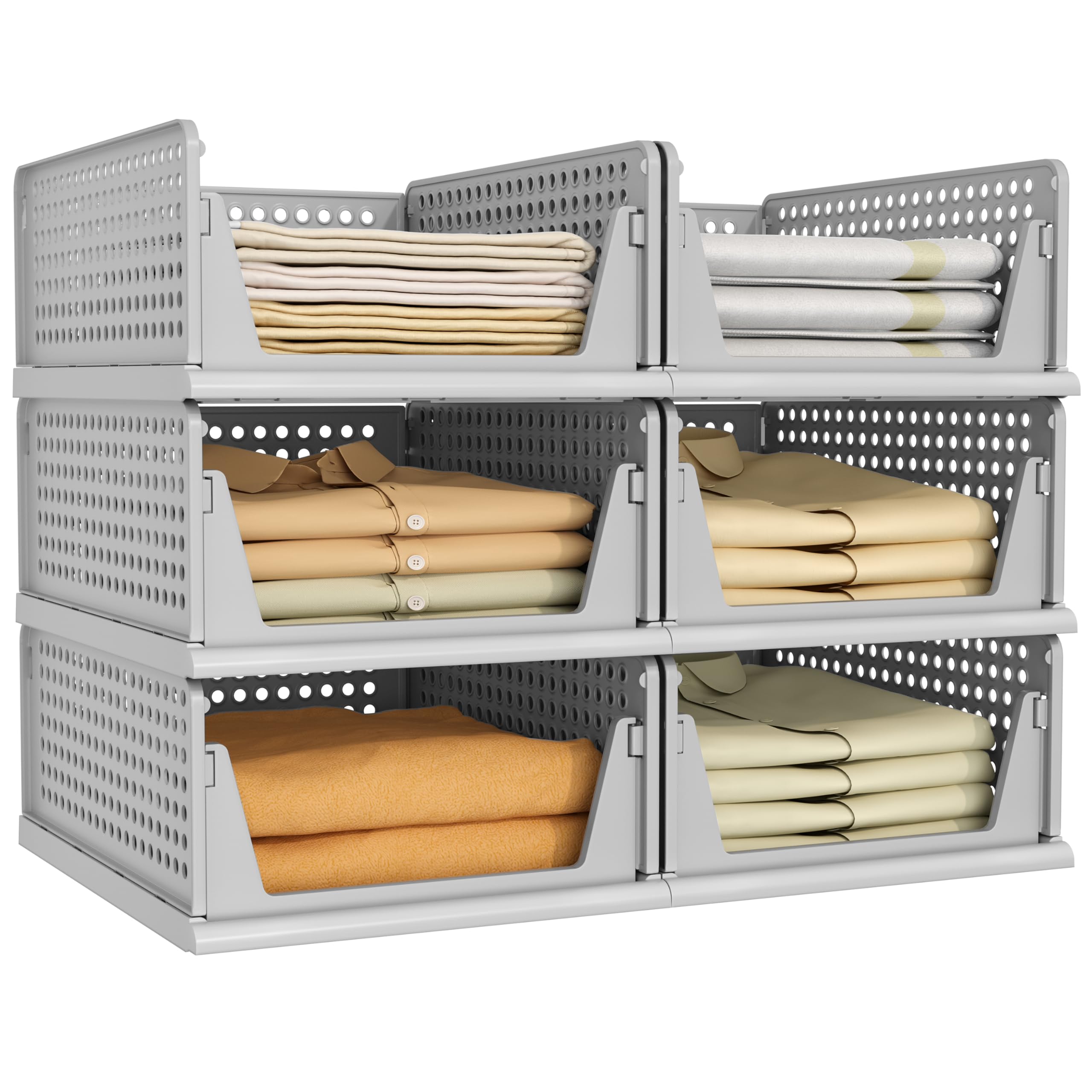 Pinkpum 6 Pack Closet Organizers Storage Bins, Stackable Plastic Drawer Basket for Clothing, Stackable Storage Bins Shelf Storage Container for Closet Wardrobe Bedroom Bathroom Office White